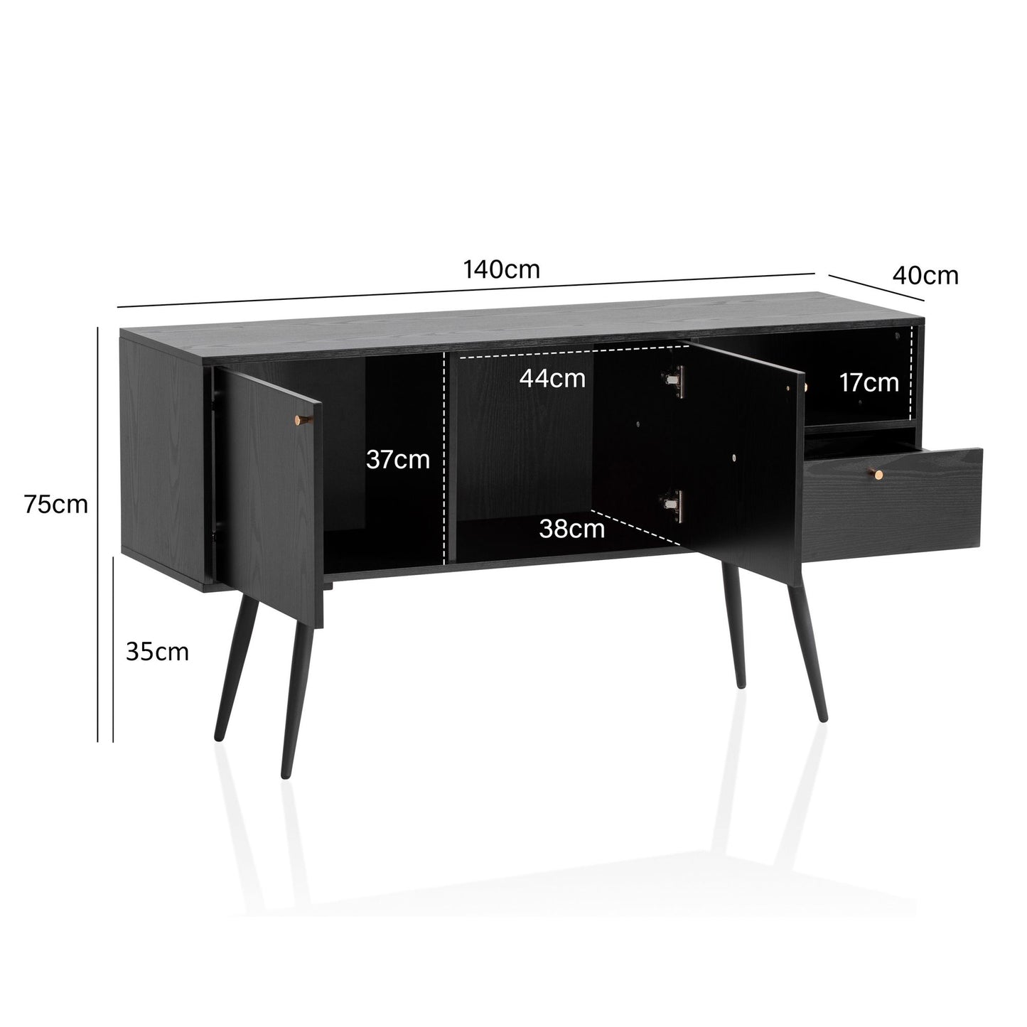 Sideboard 140 mal 75 mal 40 cm Kommode Schwarz mit Eiche Dekor Zeitlos Hoher Kommodenschrank Standschrank Wohnzimmer mit 2 Tueren und Schublade Anrichte mit offenem Fach