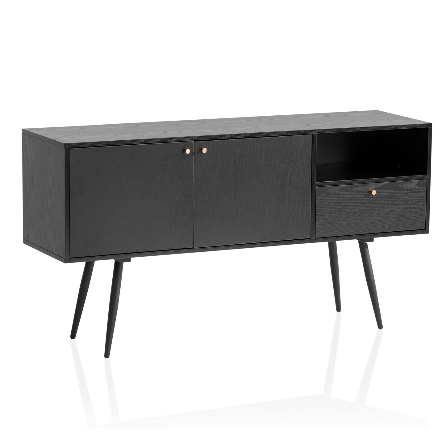 Sideboard 140 mal 75 mal 40 cm Kommode Schwarz mit Eiche Dekor Zeitlos Hoher Kommodenschrank Standschrank Wohnzimmer mit 2 Tueren und Schublade Anrichte mit offenem Fach