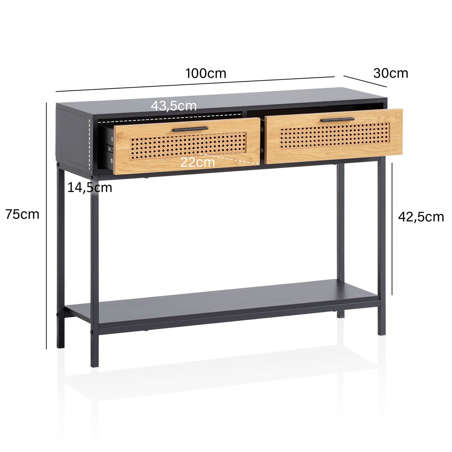 Konsolentisch Schwarz 100 mal 30 mal 75 cm Design Anrichte Flur Ablagetisch Schmal mit Wiener Geflecht Flurtisch mit Schubladen und Ablage Dielentisch Lang Hoch Rattan