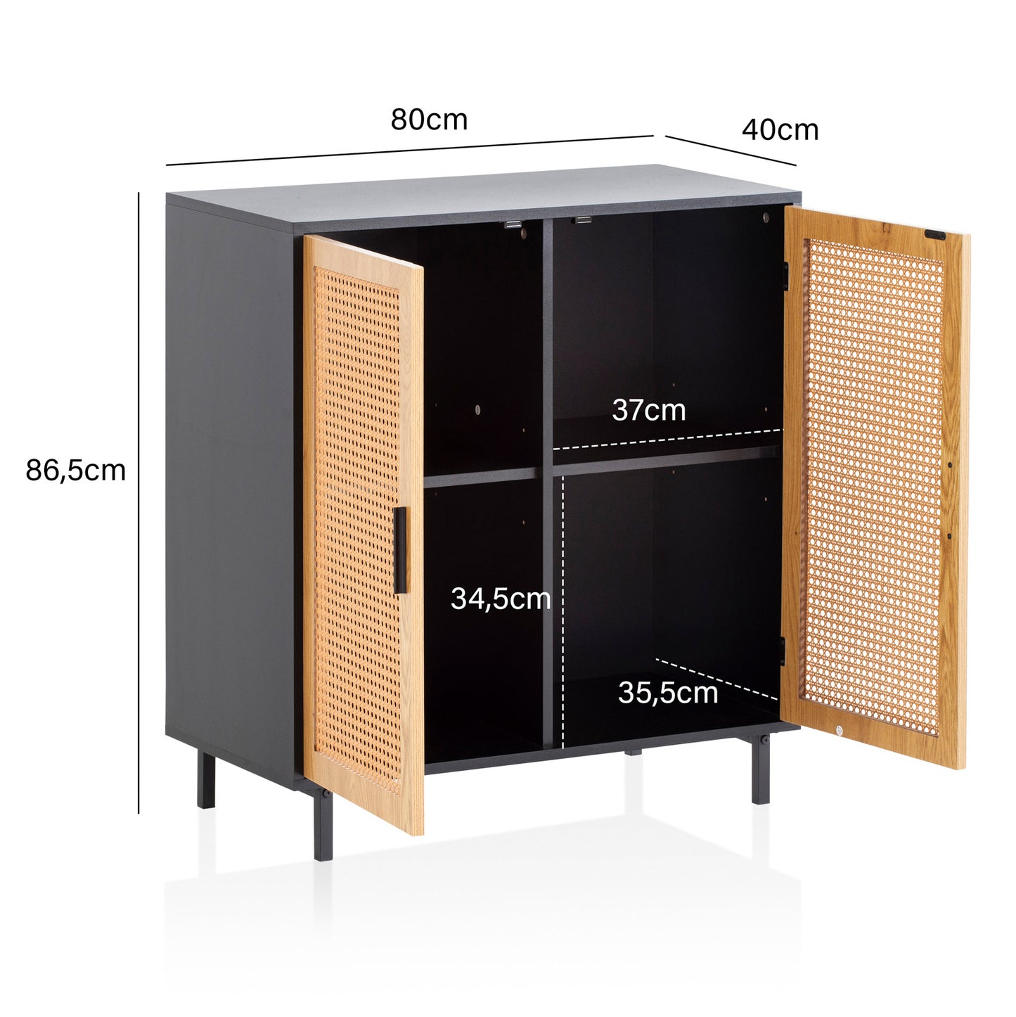 Sideboard 80 mal 86 5 mal 40 cm Kommode Schwarz mit Wiener Geflecht Hoher Kommodenschrank Zeitlos Standschrank Wohnzimmer mit 2 Tueren Anrichte Rattan