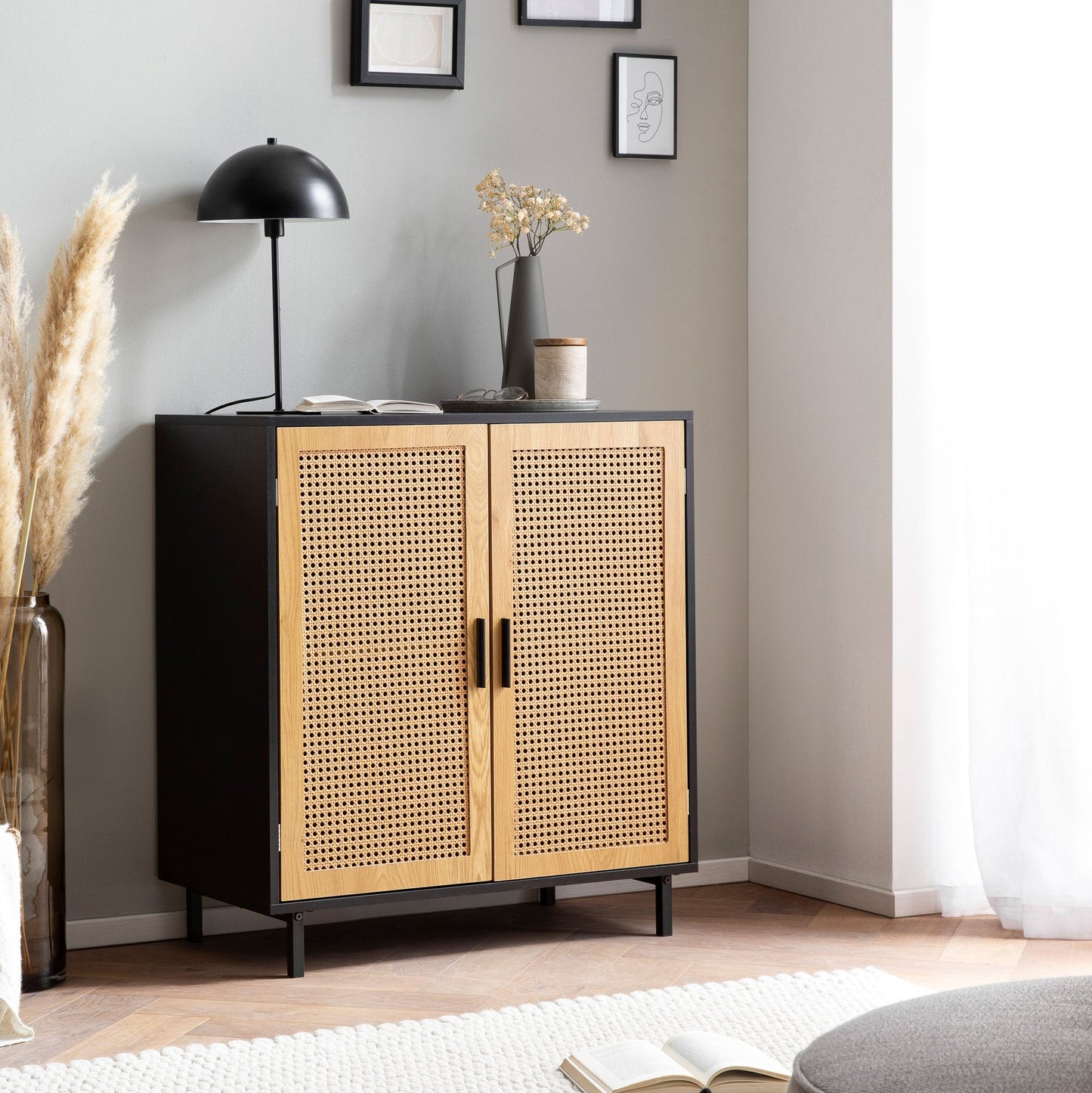 Sideboard 80 mal 86 5 mal 40 cm Kommode Schwarz mit Wiener Geflecht Hoher Kommodenschrank Zeitlos Standschrank Wohnzimmer mit 2 Tueren Anrichte Rattan