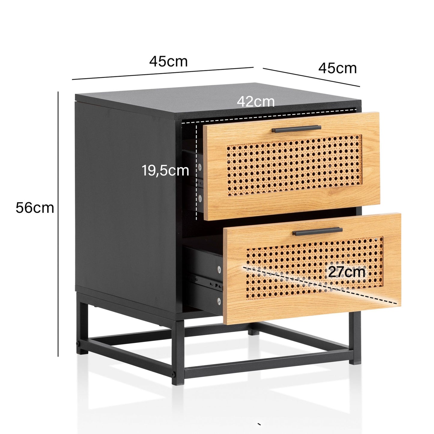 Nachtkonsole Schwarz mit Wiener Geflecht 45 mal 45 mal 56 cm Nachttisch Zeitlos Nachtkommode Bo mal springbett mit Schubladen Nachtkaestchen mit Stauraum