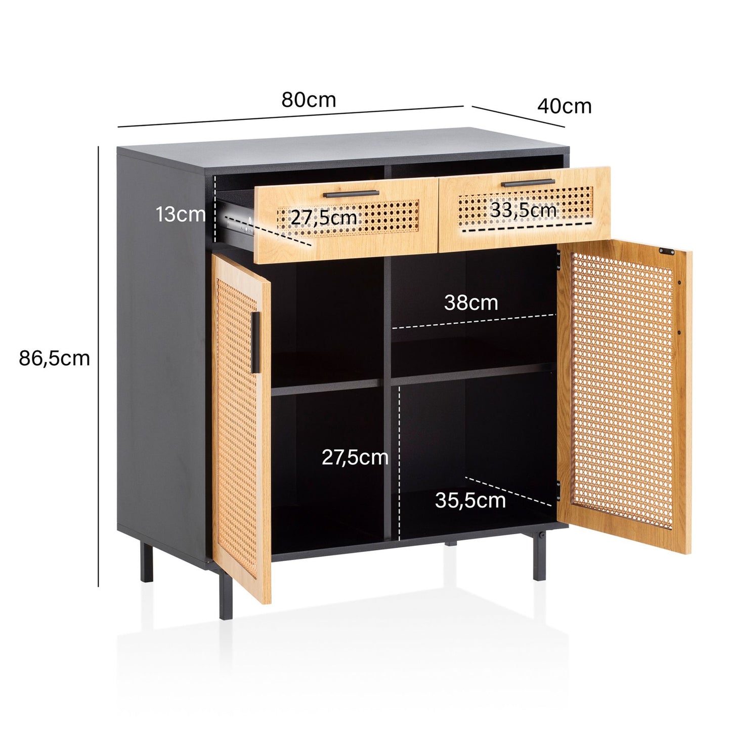 Sideboard 80 mal 86 5 mal 40 cm Kommode Schwarz mit Wiener Geflecht Hoher Kommodenschrank Zeitlos Standschrank Wohnzimmer mit 2 Tueren und Schubladen Anrichte Rattan