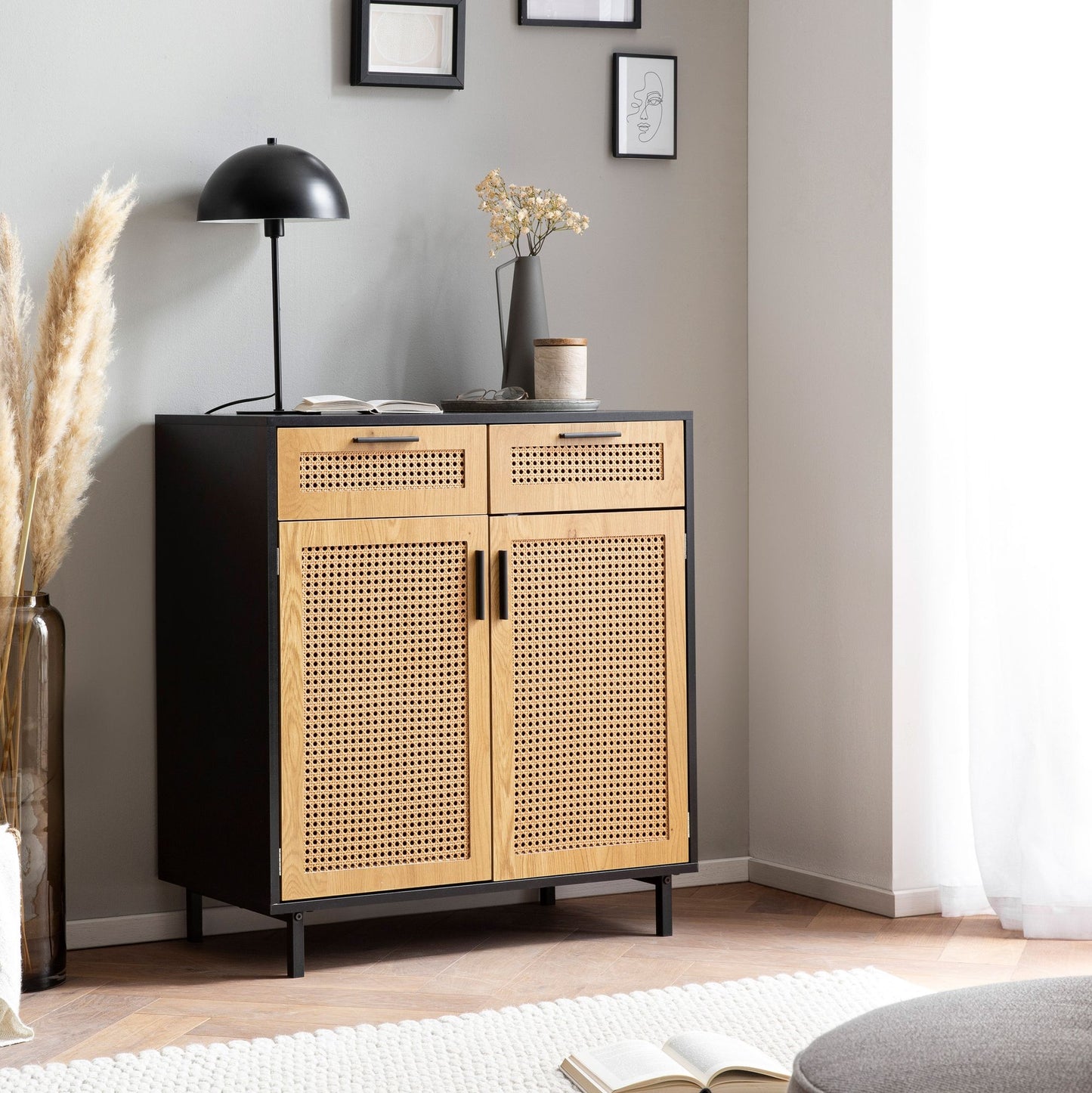 Sideboard 80 mal 86 5 mal 40 cm Kommode Schwarz mit Wiener Geflecht Hoher Kommodenschrank Zeitlos Standschrank Wohnzimmer mit 2 Tueren und Schubladen Anrichte Rattan