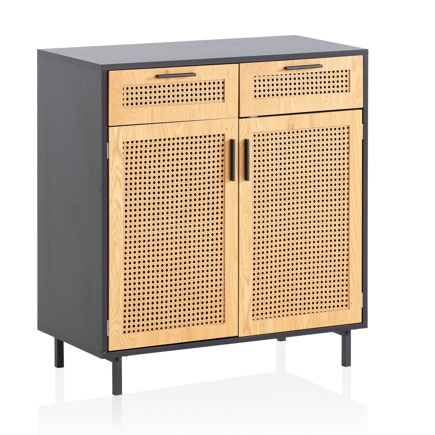 Sideboard 80 mal 86 5 mal 40 cm Kommode Schwarz mit Wiener Geflecht Hoher Kommodenschrank Zeitlos Standschrank Wohnzimmer mit 2 Tueren und Schubladen Anrichte Rattan