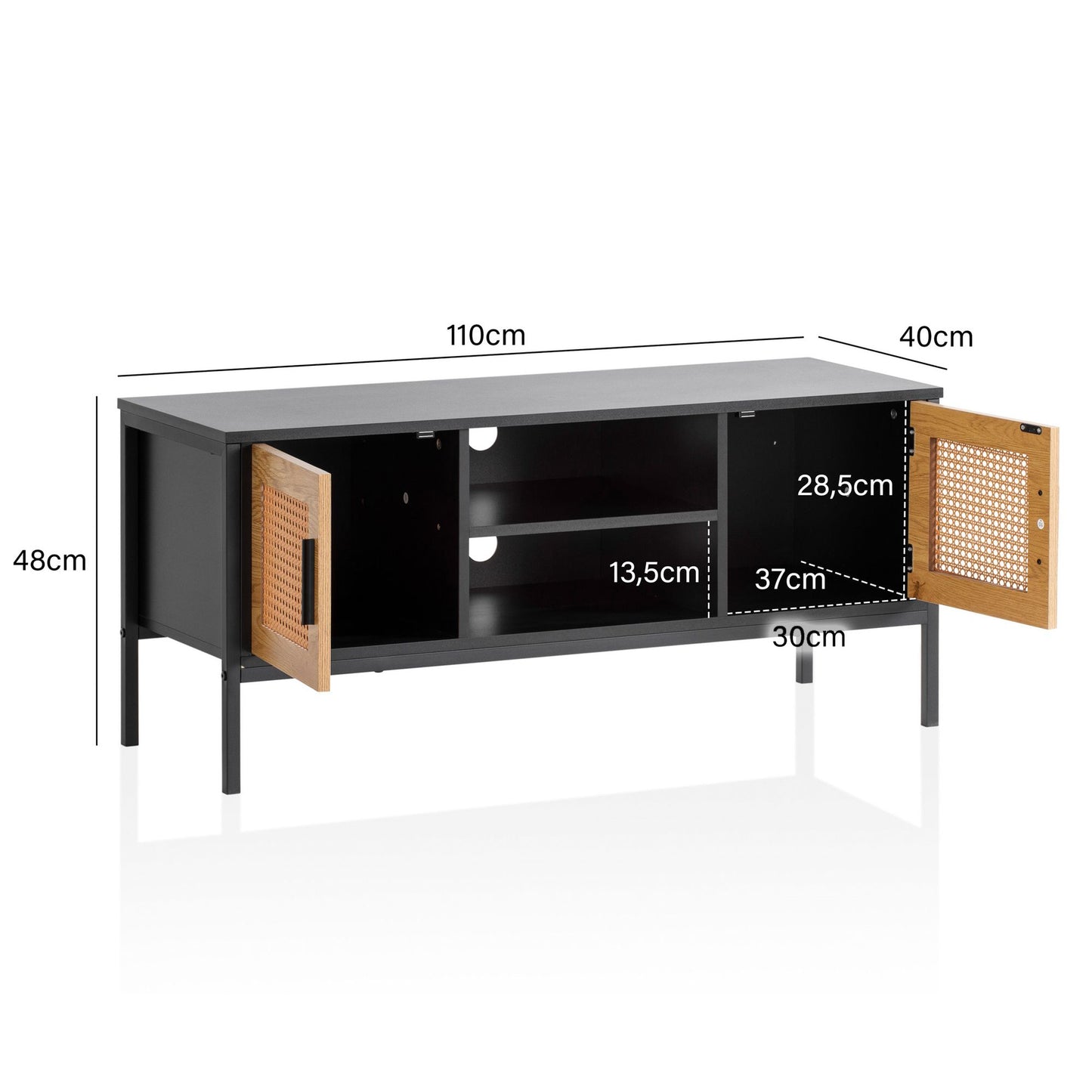 Lowboard Schwarz Eiche mit Wiener Geflecht 110 mal 48 mal 40 cm TV Kommode Zeitlos Design TV Schrank Hoch Fernsehtisch Fernsehschrank mit Tueren Fernsehkommode Wohnzimmer Rattan