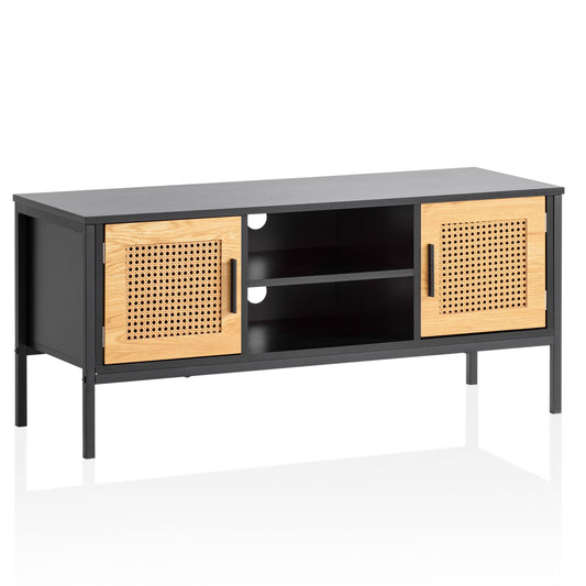 Lowboard Schwarz Eiche mit Wiener Geflecht 110 mal 48 mal 40 cm TV Kommode Zeitlos Design TV Schrank Hoch Fernsehtisch Fernsehschrank mit Tueren Fernsehkommode Wohnzimmer Rattan