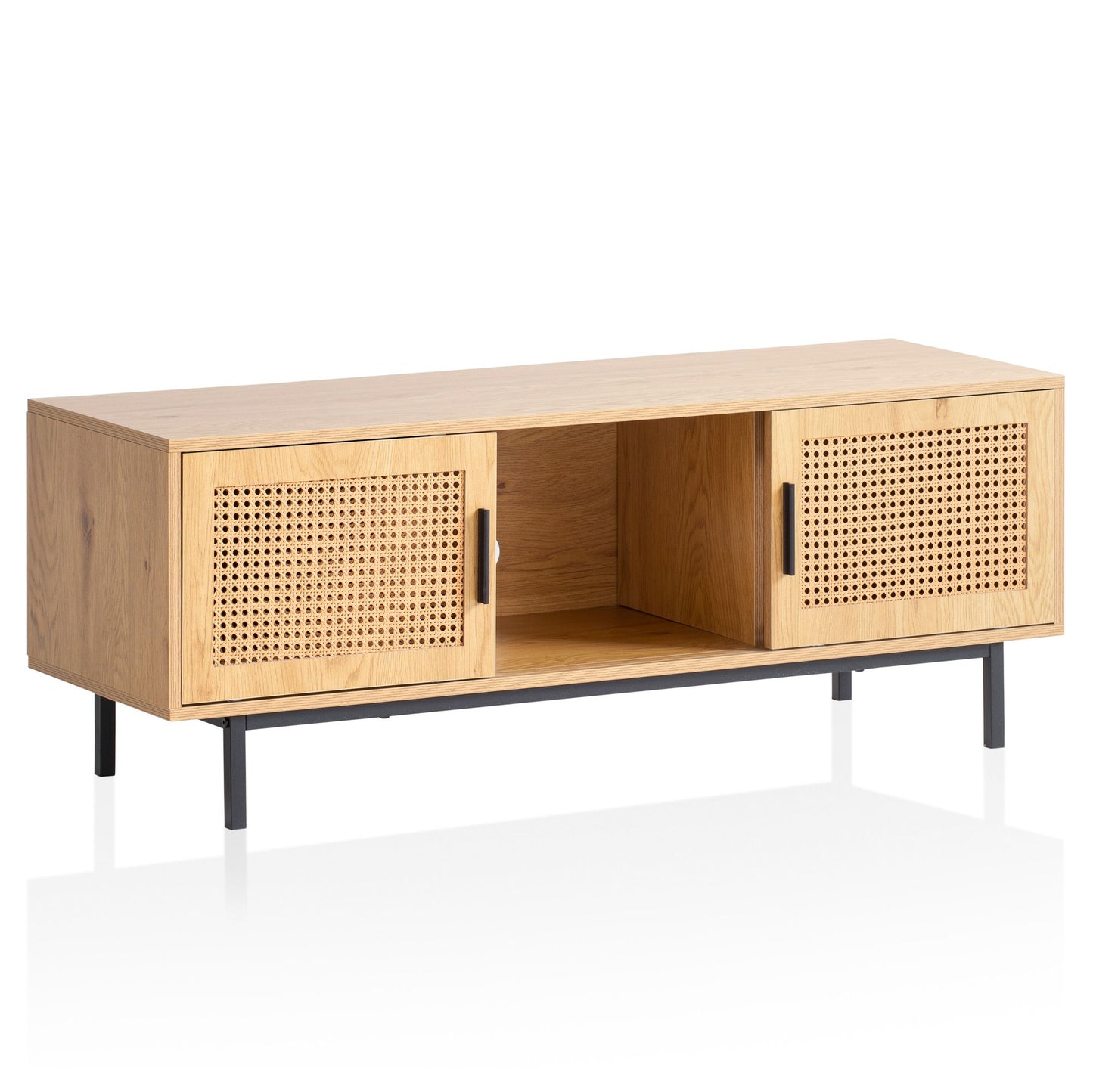 Lowboard Eiche Dekor mit Wiener Geflecht 120 mal 45 5 mal 40 cm TV Kommode Zeitlos mit Schiebe Tueren Design TV Schrank Hoch Fernsehtisch Fernsehschrank Fernsehkommode Wohnzimmer Rattan