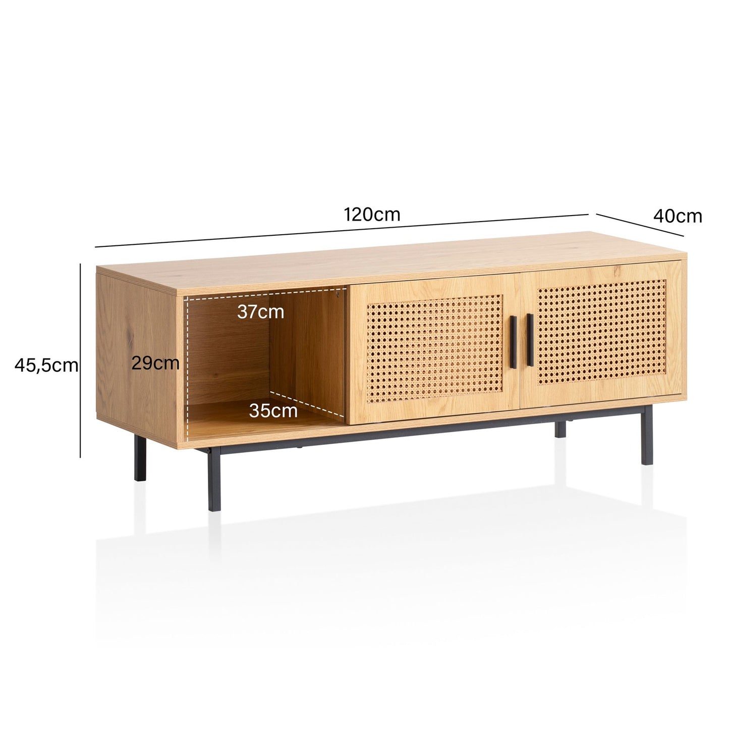 Lowboard Eiche Dekor mit Wiener Geflecht 120 mal 45 5 mal 40 cm TV Kommode Zeitlos mit Schiebe Tueren Design TV Schrank Hoch Fernsehtisch Fernsehschrank Fernsehkommode Wohnzimmer Rattan