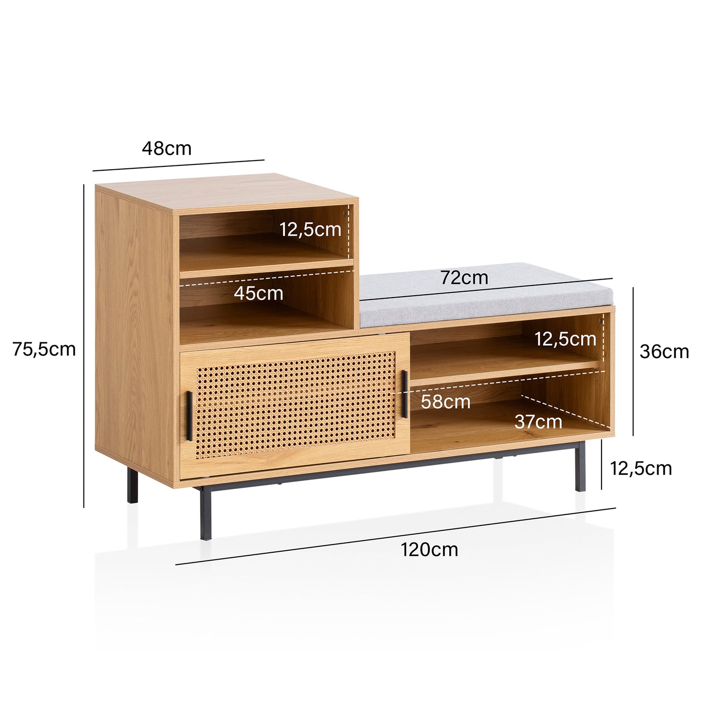 Schuhbank mit Sitzflaeche 120 mal 75 5 mal 40 cm Garderobenbank Eiche Dekor Sitzbank Rattan Klein Gepolstert Bank Schmal Flur mit Stauraum Flurbank Wiener Geflecht Flurmoebel mit Schiebetuer