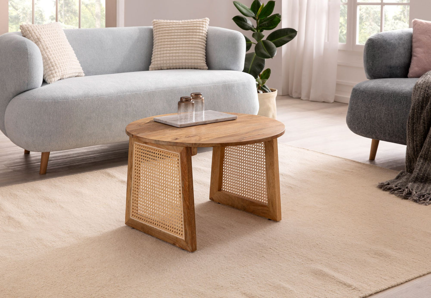 Couchtisch 65 mal 65 mal 40 cm Mango Massivholz Rattan Braun Sofatisch Rund Design Wohnzimmertisch Wiener Geflecht Kaffeetisch Wohnzimmer Modern