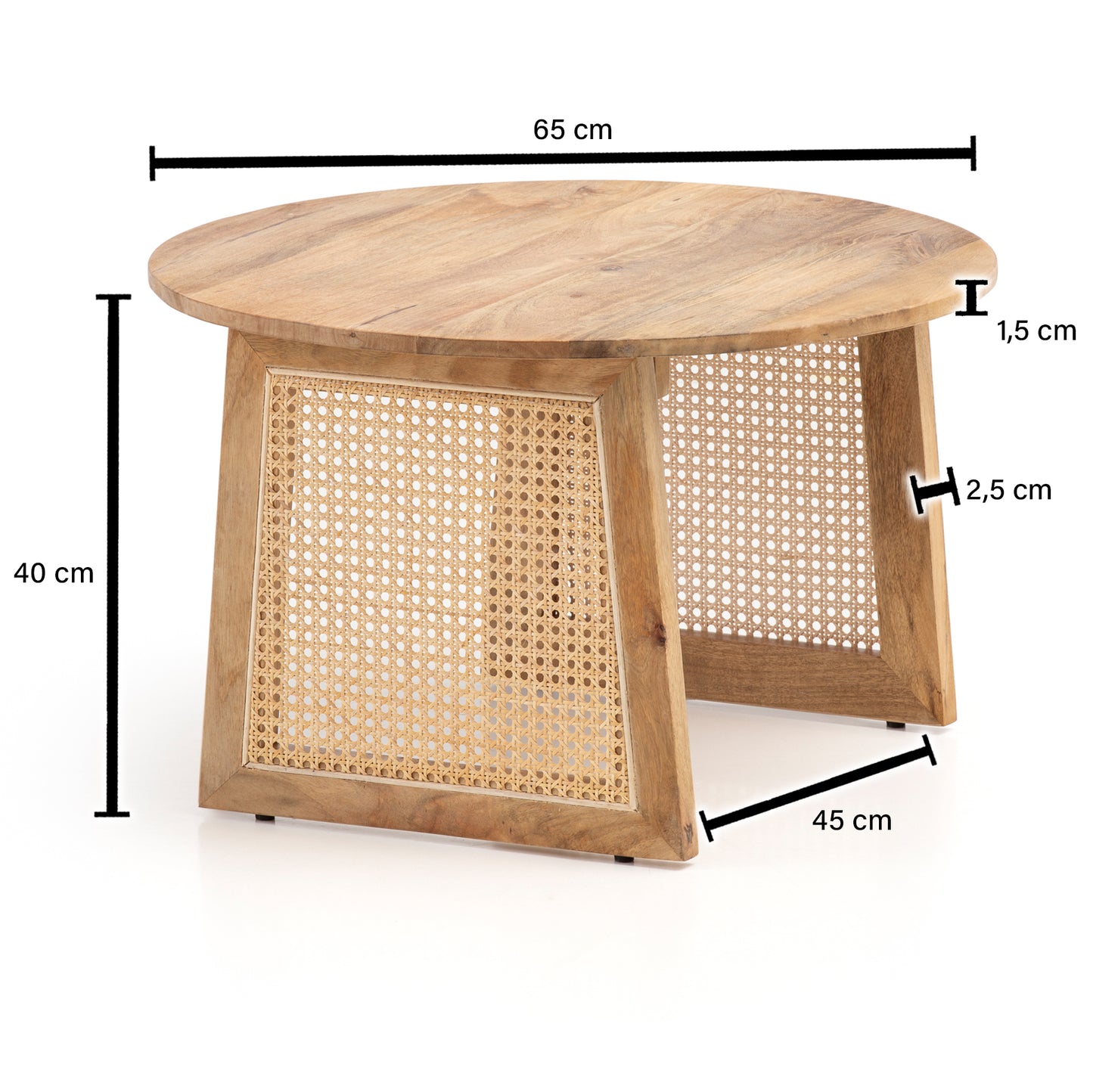 Couchtisch 65 mal 65 mal 40 cm Mango Massivholz Rattan Braun Sofatisch Rund Design Wohnzimmertisch Wiener Geflecht Kaffeetisch Wohnzimmer Modern