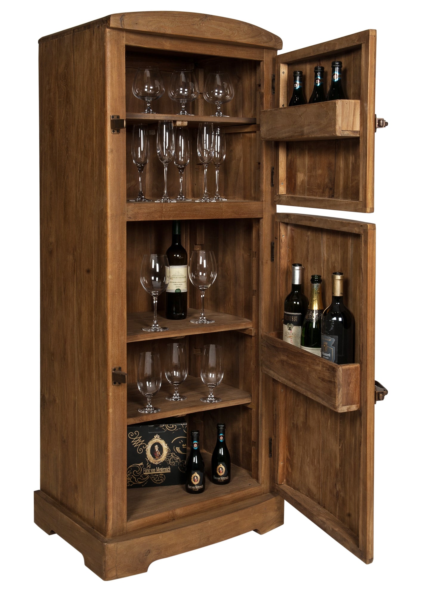 Barschrank   2 Tueren oben 1 loser Boden unten 2 lose Boeden Innenmasse (ohne Boeden)  oben 565x475x54 cm unten 565x47x85 cm Anschlag waehlbar Beschlag Messing antik