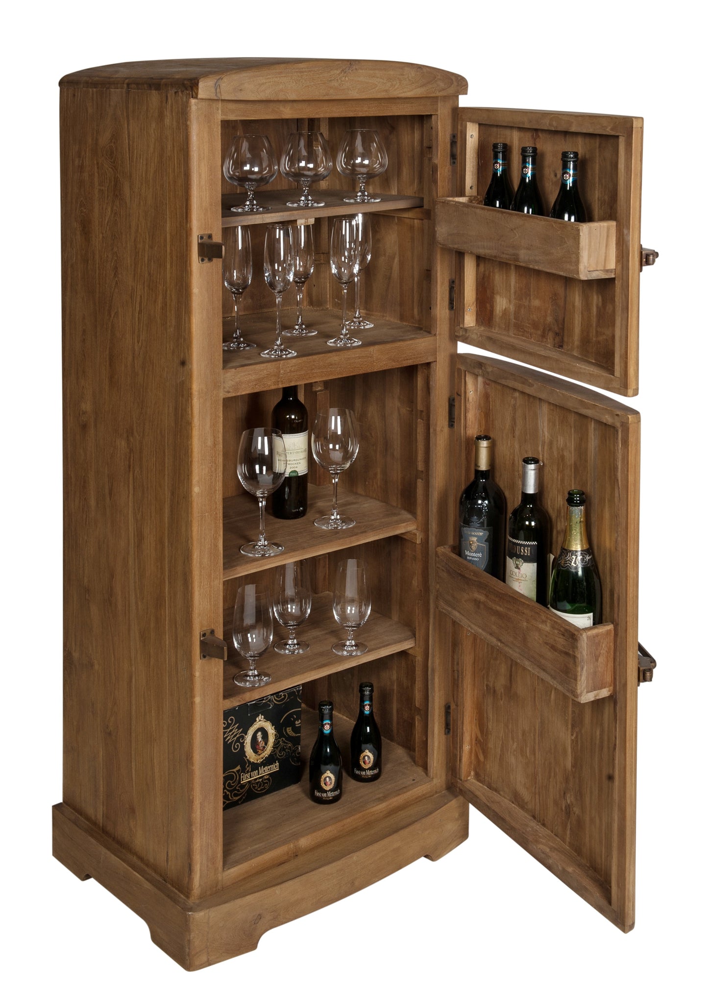 Barschrank   2 Tueren oben 1 loser Boden unten 2 lose Boeden Innenmasse (ohne Boeden)  oben 565x475x54 cm unten 565x47x85 cm Anschlag waehlbar Beschlag Messing antik