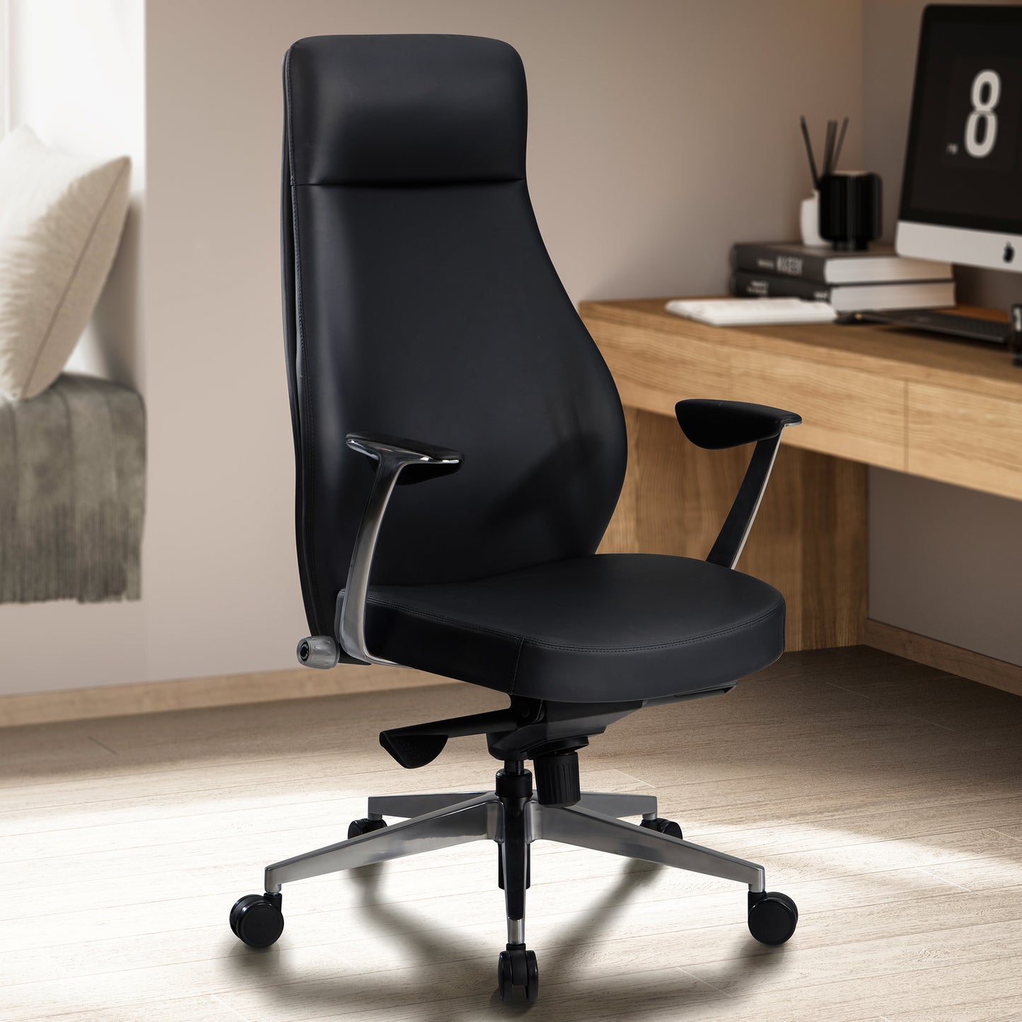 Buerostuhl Kunstleder Bezug Schwarz Schreibtischstuhl bis 120 kg Design Chefsessel hoehenverstellbar Drehstuhl ergonomisch mit Armlehnen und hoher Rueckenlehne Wippfunktion