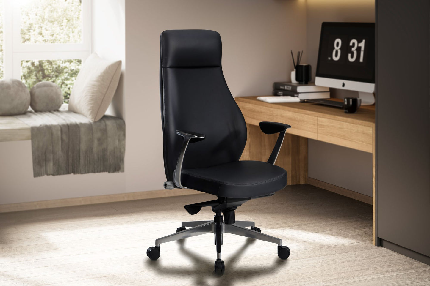 Buerostuhl Kunstleder Bezug Schwarz Schreibtischstuhl bis 120 kg Design Chefsessel hoehenverstellbar Drehstuhl ergonomisch mit Armlehnen und hoher Rueckenlehne Wippfunktion