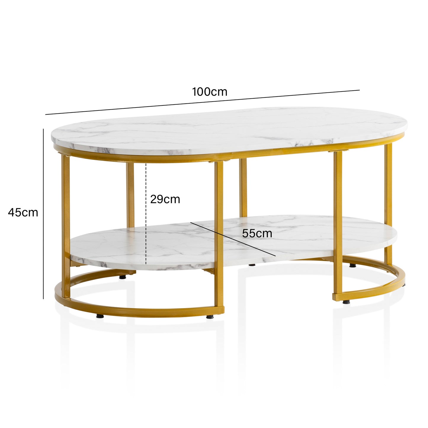 Couchtisch 100 mal 60 mal 45 cm Weiss mit Marmor Optik Design Wohnzimmertisch Rechteckig Lounge Sofatisch mit Ablage Kaffeetisch Modern mit goldenem Metallgestell