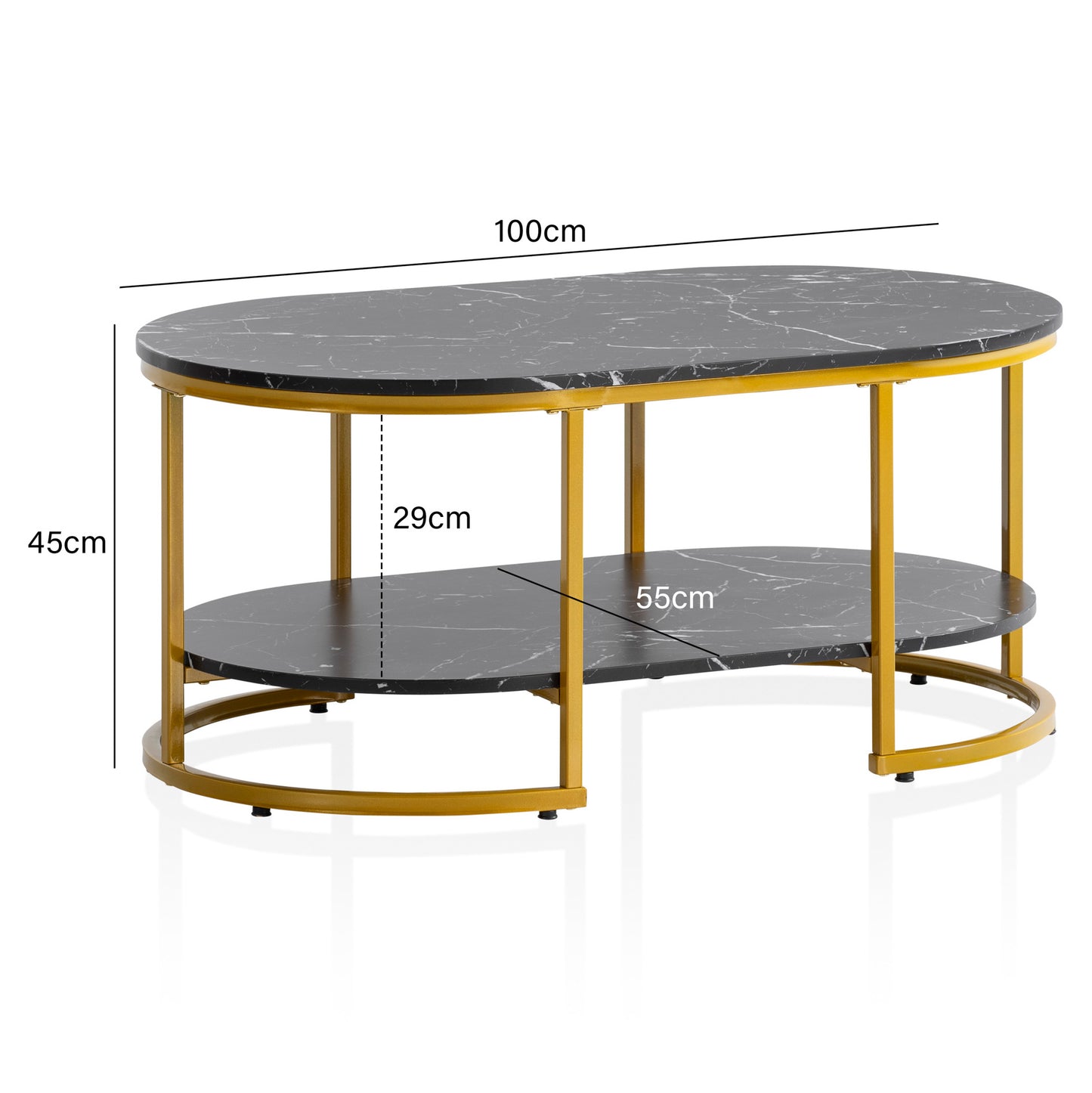 Couchtisch 100 mal 60 mal 45 cm Schwarz mit Marmor Optik Design Wohnzimmertisch Rechteckig Lounge Sofatisch mit Ablage Kaffeetisch Modern mit goldenem Metallgestell