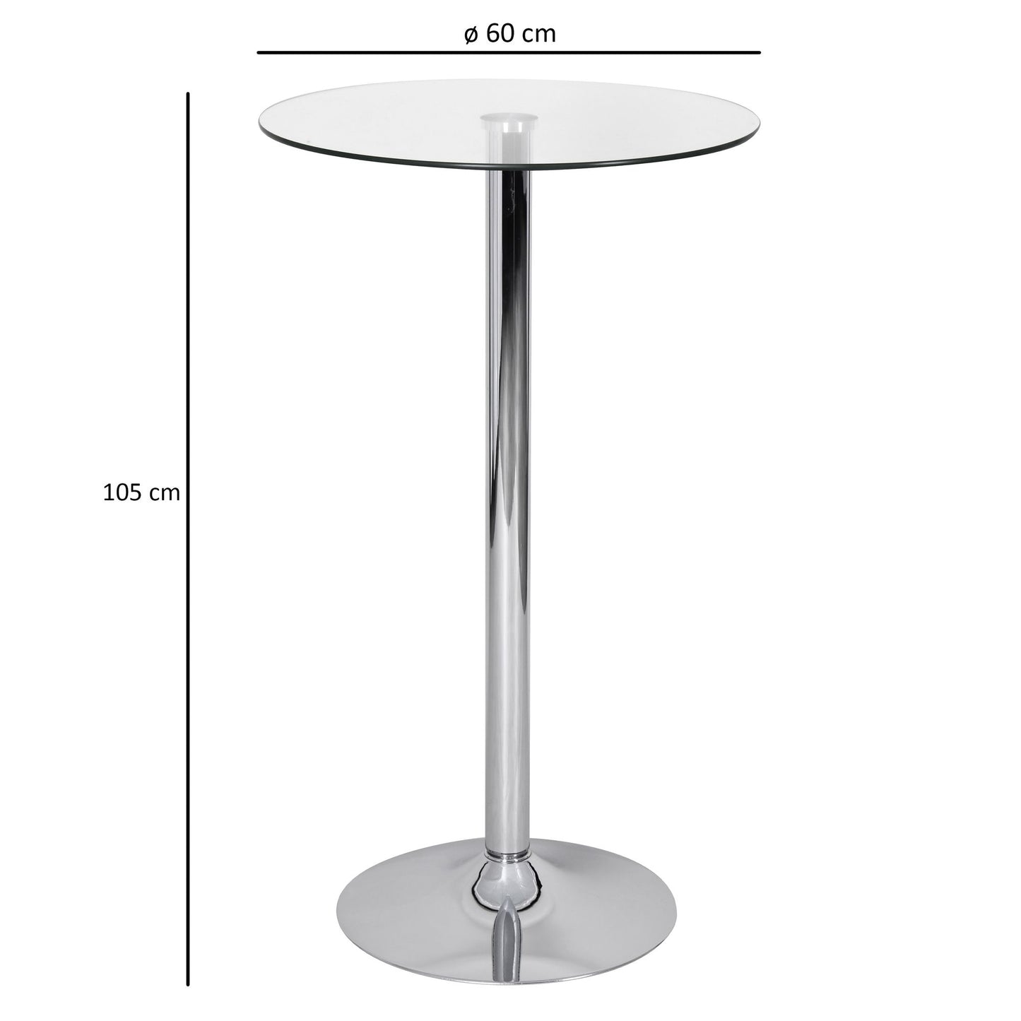 Stehtisch 60 mal 60 mal 105 cm Rund Bartisch Sicherheitsglas Bistrotisch Silber Moderner Tisch fuer Bar Design Partytisch Metall Hochtisch Messetisch Chrom