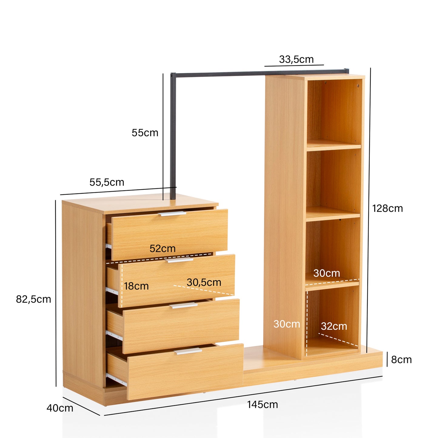 Garderobe Eiche Dekor 145 mal 136 mal 40 cm Flurgarderobe Modern Kompaktgarderobe fuer Schuhe Jacken Schals und Muetzen Kleiderstaender Flur mit Kommode Kleiderstange und Regal