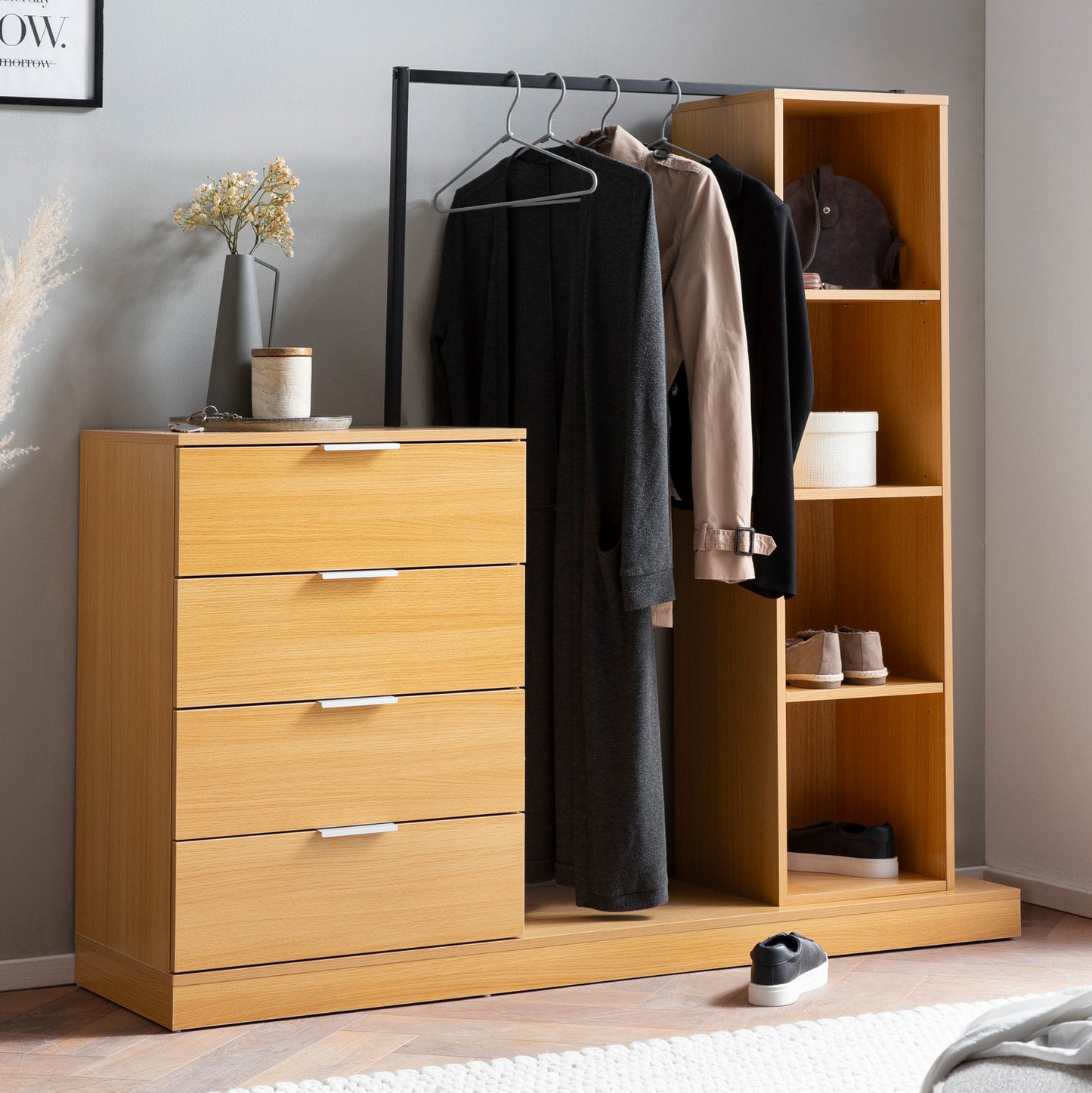 Garderobe Eiche Dekor 145 mal 136 mal 40 cm Flurgarderobe Modern Kompaktgarderobe fuer Schuhe Jacken Schals und Muetzen Kleiderstaender Flur mit Kommode Kleiderstange und Regal