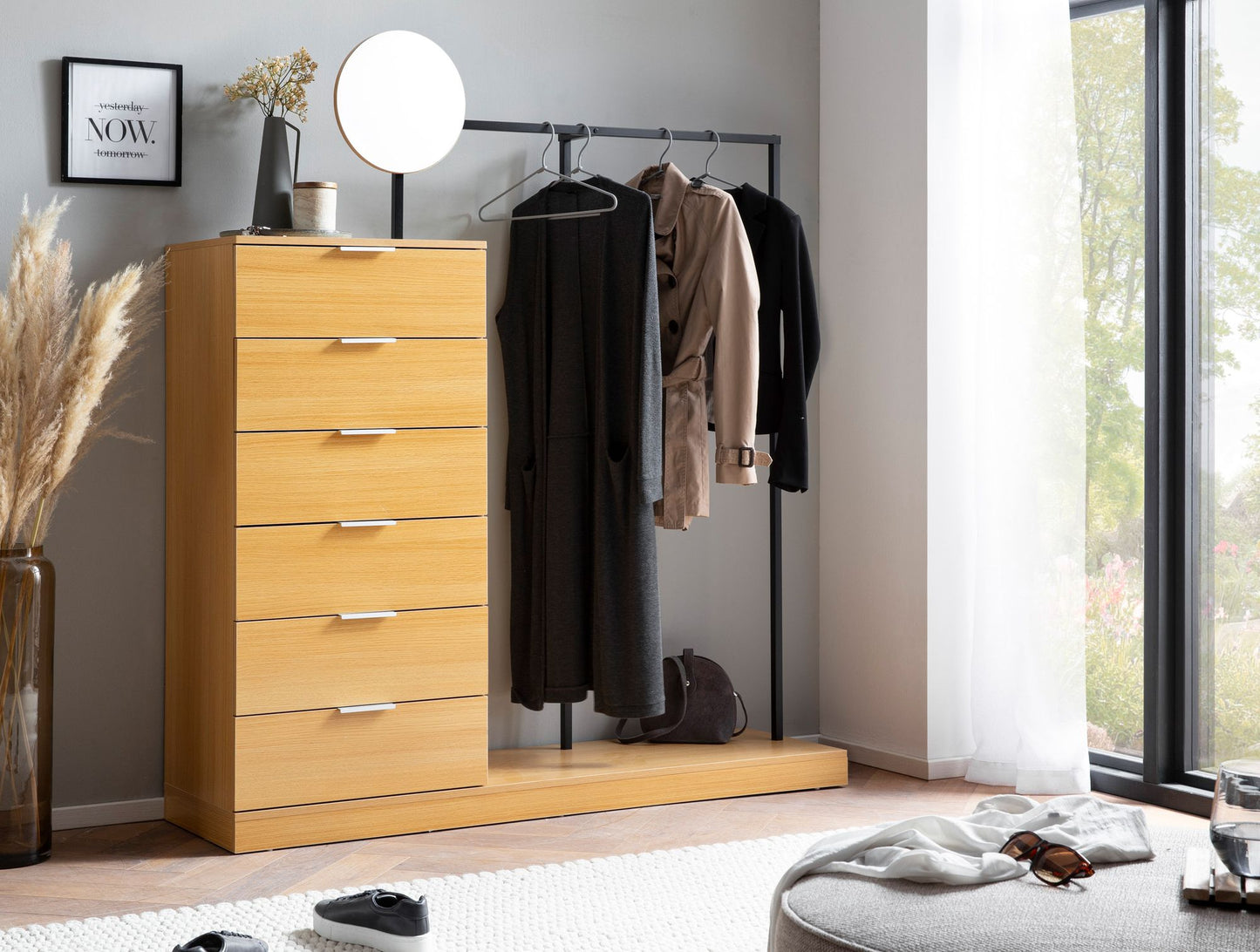 Garderobe Eiche Dekor 145 mal 165 mal 40 cm Flurgarderobe Modern Kompaktgarderobe fuer Schuhe Jacken Schals und Muetzen Kleiderstaender Flur mit Kommode Kleiderstange und Spiegel