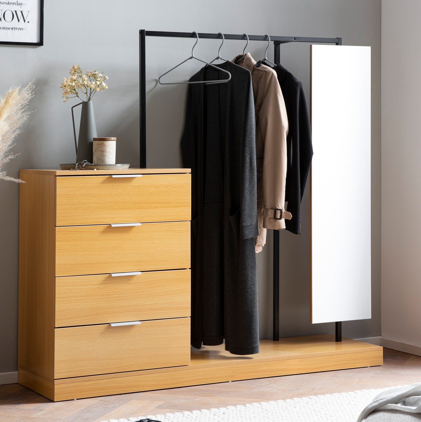 Garderobe Eiche Dekor 145 mal 138 mal 40 5 cm Flurgarderobe Modern Kompaktgarderobe fuer Schuhe Jacken Schals und Muetzen Kleiderstaender Flur mit Kommode Kleiderstange und Spiegel