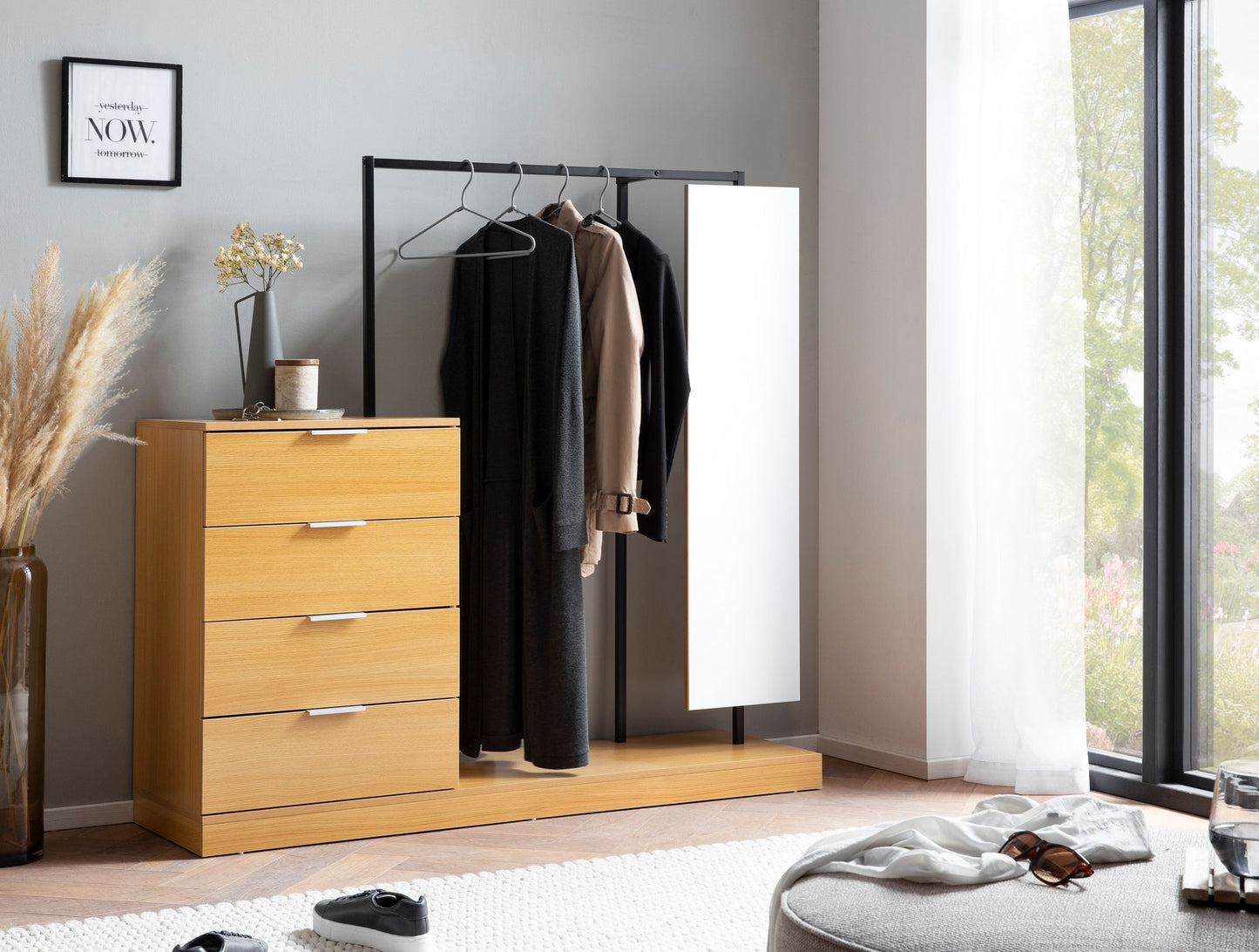 Garderobe Eiche Dekor 145 mal 138 mal 40 5 cm Flurgarderobe Modern Kompaktgarderobe fuer Schuhe Jacken Schals und Muetzen Kleiderstaender Flur mit Kommode Kleiderstange und Spiegel