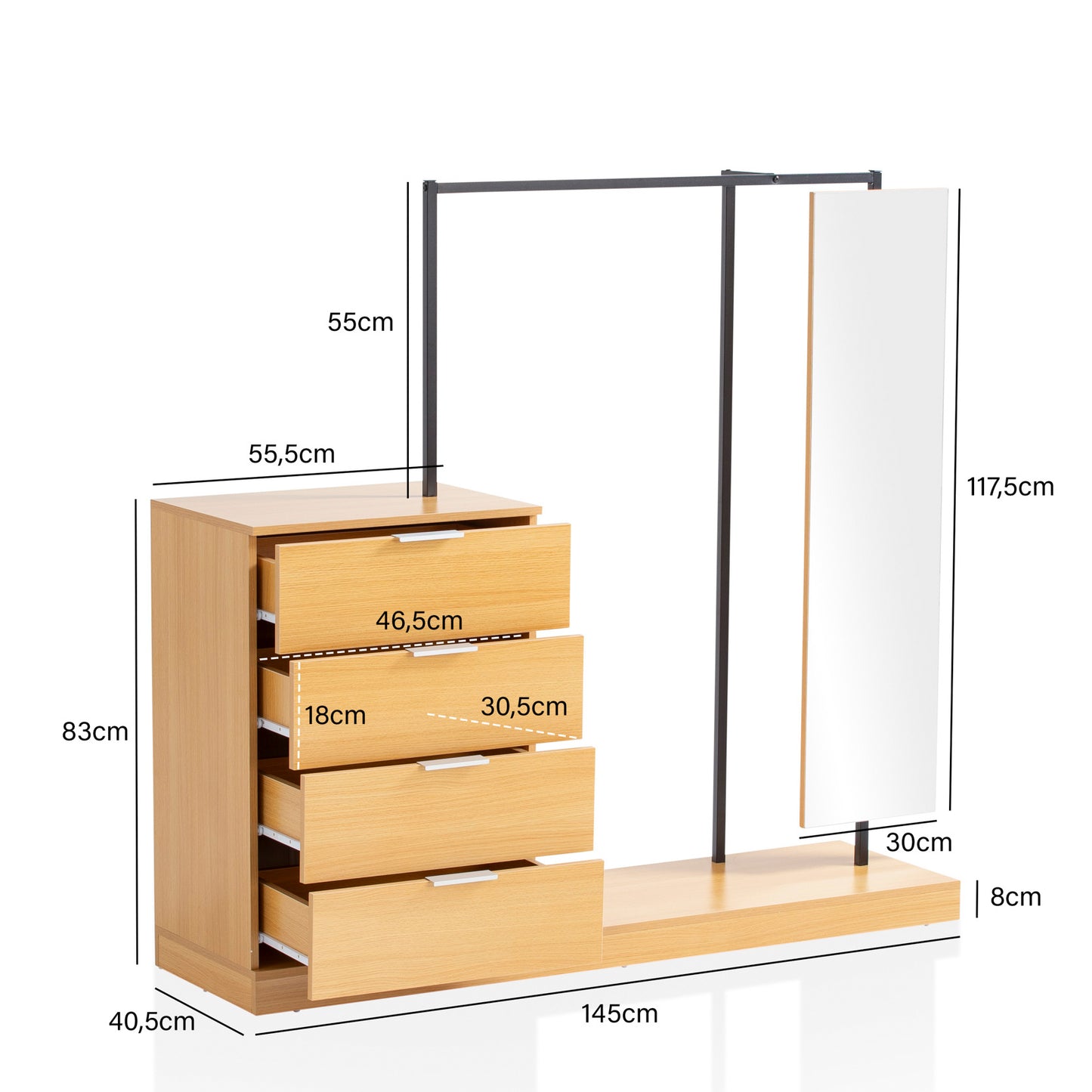 Garderobe Eiche Dekor 145 mal 138 mal 40 5 cm Flurgarderobe Modern Kompaktgarderobe fuer Schuhe Jacken Schals und Muetzen Kleiderstaender Flur mit Kommode Kleiderstange und Spiegel