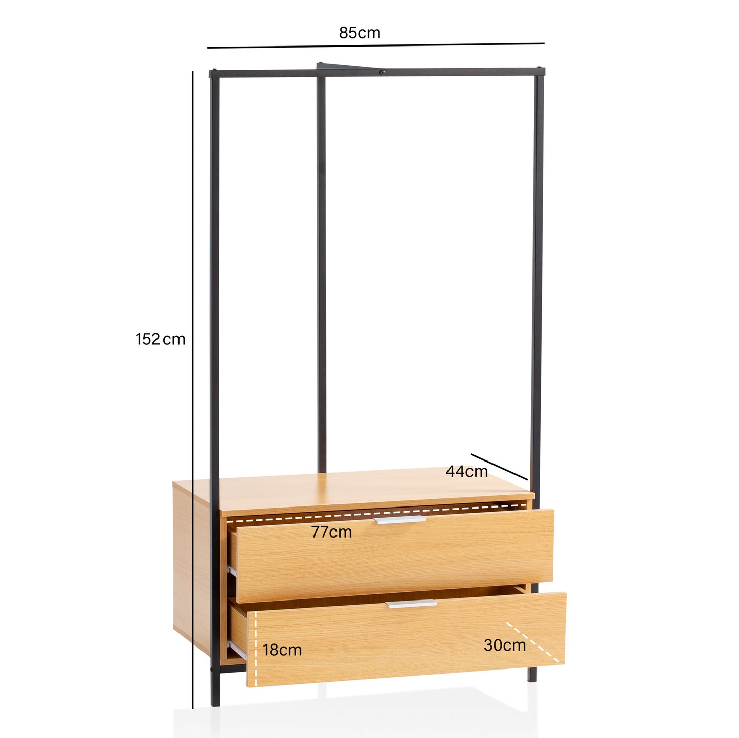 Garderobe Eiche Dekor 152 mal 85 mal 44 cm Flurgarderobe Modern Kompaktgarderobe fuer Schuhe Jacken Schals und Muetzen Kleiderstaender Flur mit Schubladen und Kleiderstange