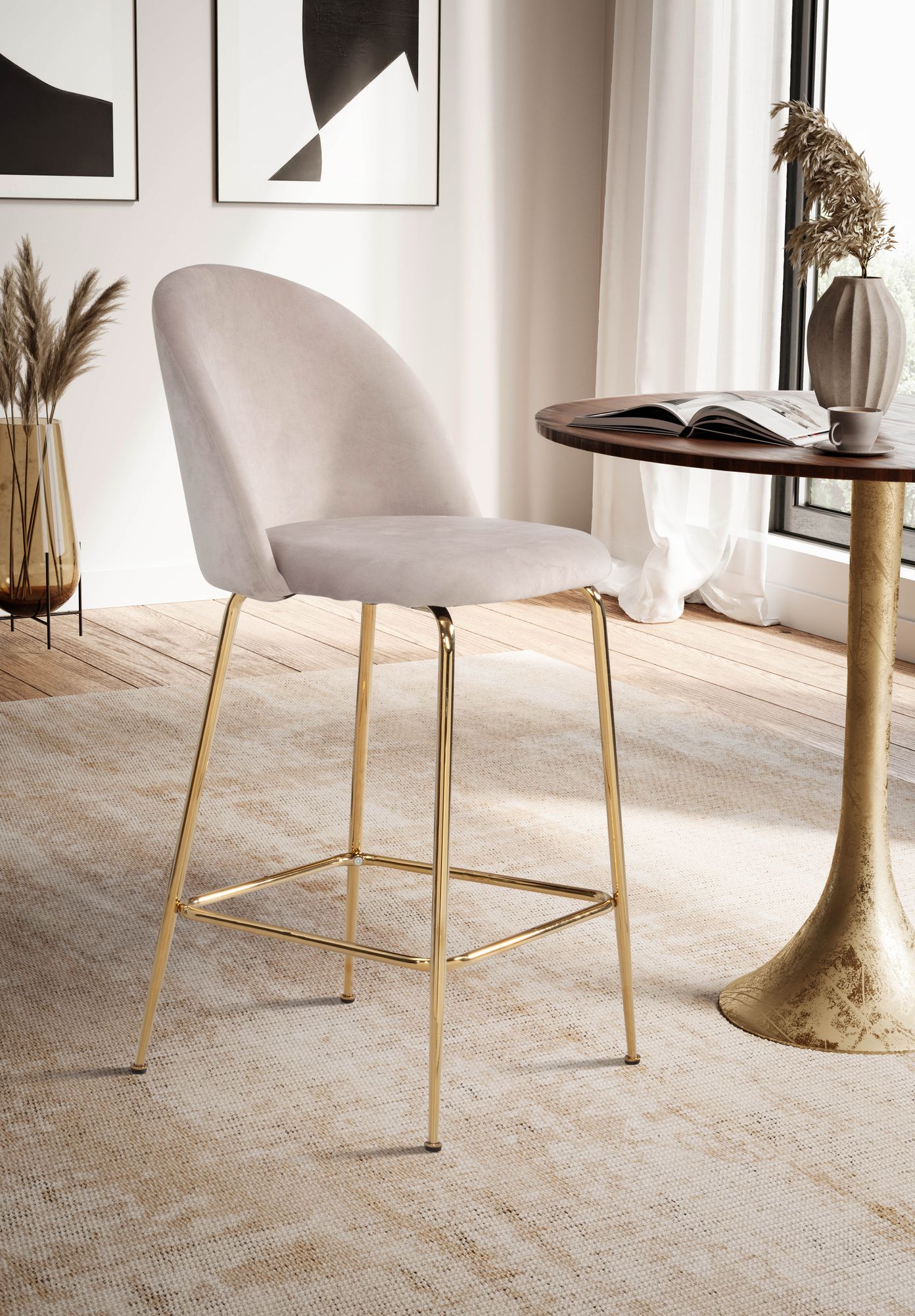 2er Set Barhocker Samt Beige Hocker mit Lehne und goldenen Beinen Kuechenhocker Skandinavisch Stoff Metall 110 kg Design Barstuhl Tresenhocker Bistrohocker Gepolstert