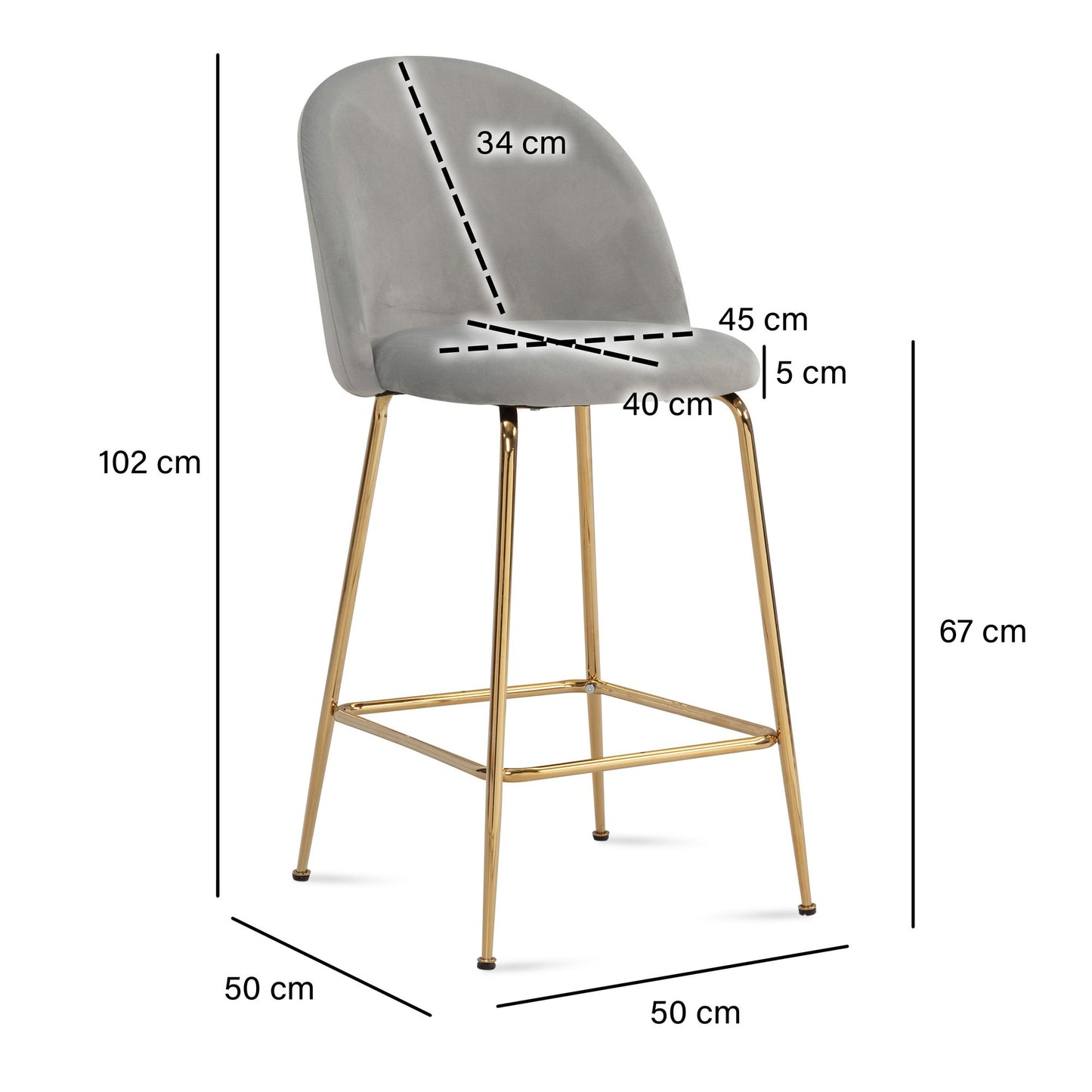 2er Set Barhocker Samt Grau Hocker mit Lehne und goldenen Beinen Kuechenhocker Skandinavisch Stoff Metall 110 kg Design Barstuhl Tresenhocker Bistrohocker Gepolstert