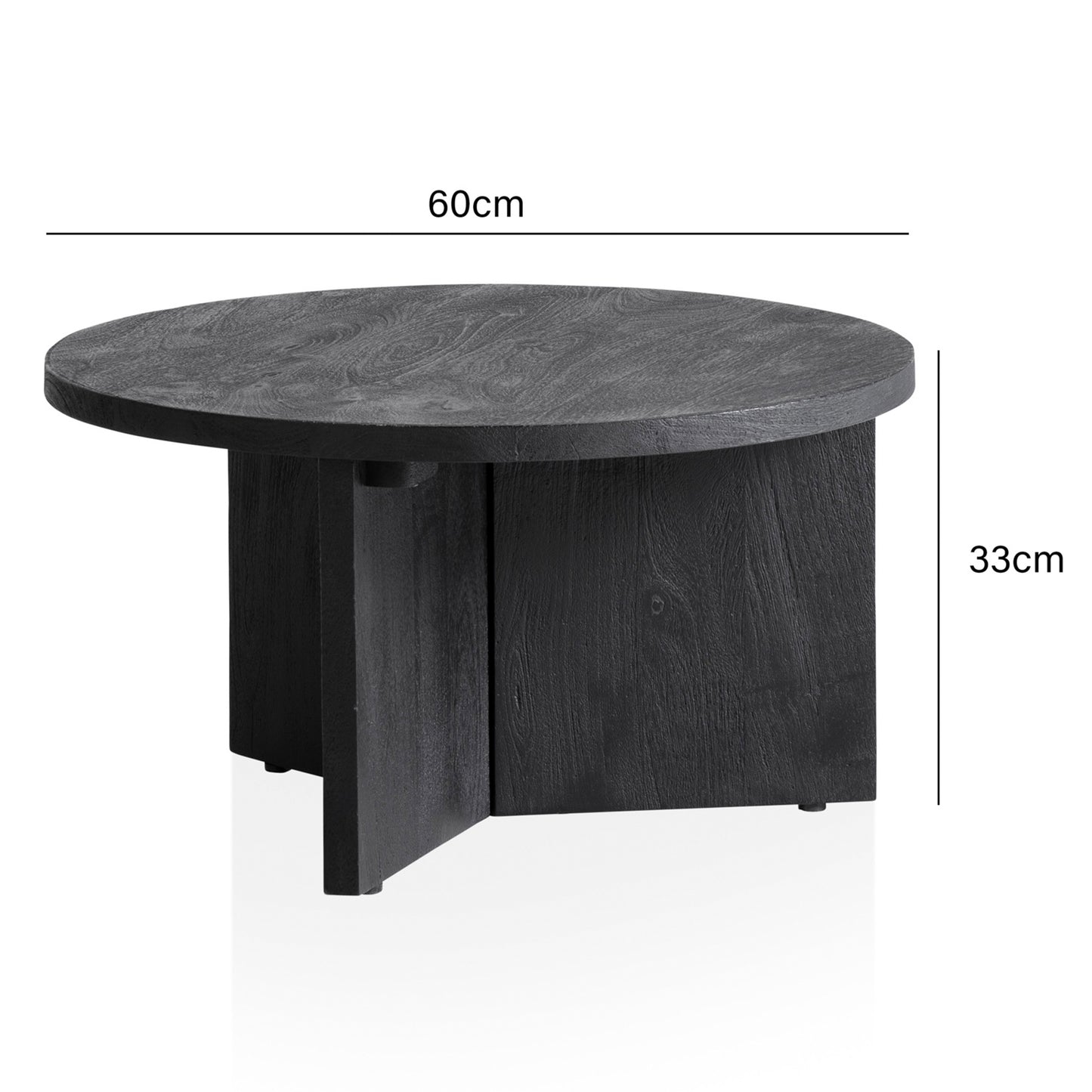 Couchtisch 60 mal 60 mal 33 cm Mango Massivholz Schwarz Sofatisch Rund Design Wohnzimmertisch Dreibein Kaffeetisch Wohnzimmer Niedrig Modern mit natuerlicher Holzmaserung