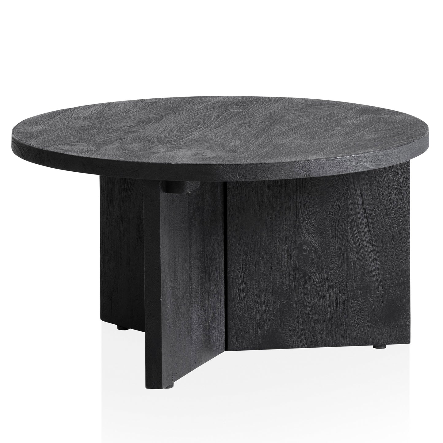 Couchtisch 60 mal 60 mal 33 cm Mango Massivholz Schwarz Sofatisch Rund Design Wohnzimmertisch Dreibein Kaffeetisch Wohnzimmer Niedrig Modern mit natuerlicher Holzmaserung