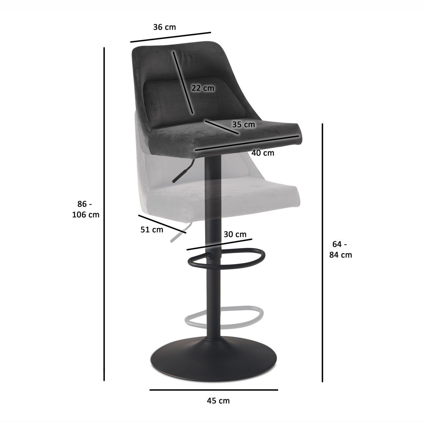 Barhocker Samt Grau Hocker mit Lehne 86   106 cm Kuechenhocker Hoehenverstellbar Modern 100 kg Design Barstuhl Tresenhocker mit Metall Trompetenfuss Bistrohocker Gepolstert