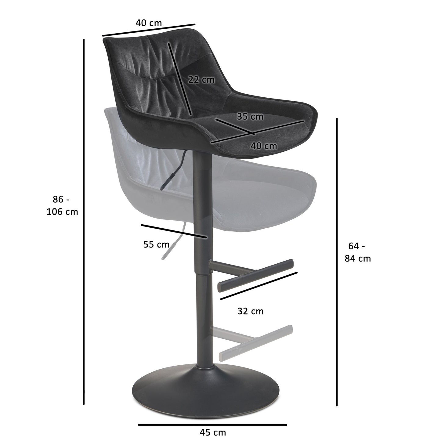 Barhocker Samt Schwarz Hocker mit Lehne 86   106 cm Kuechenhocker Hoehenverstellbar Modern 100 kg Design Barstuhl Tresenhocker mit Metall Trompetenfuss Bistrohocker Gepolstert