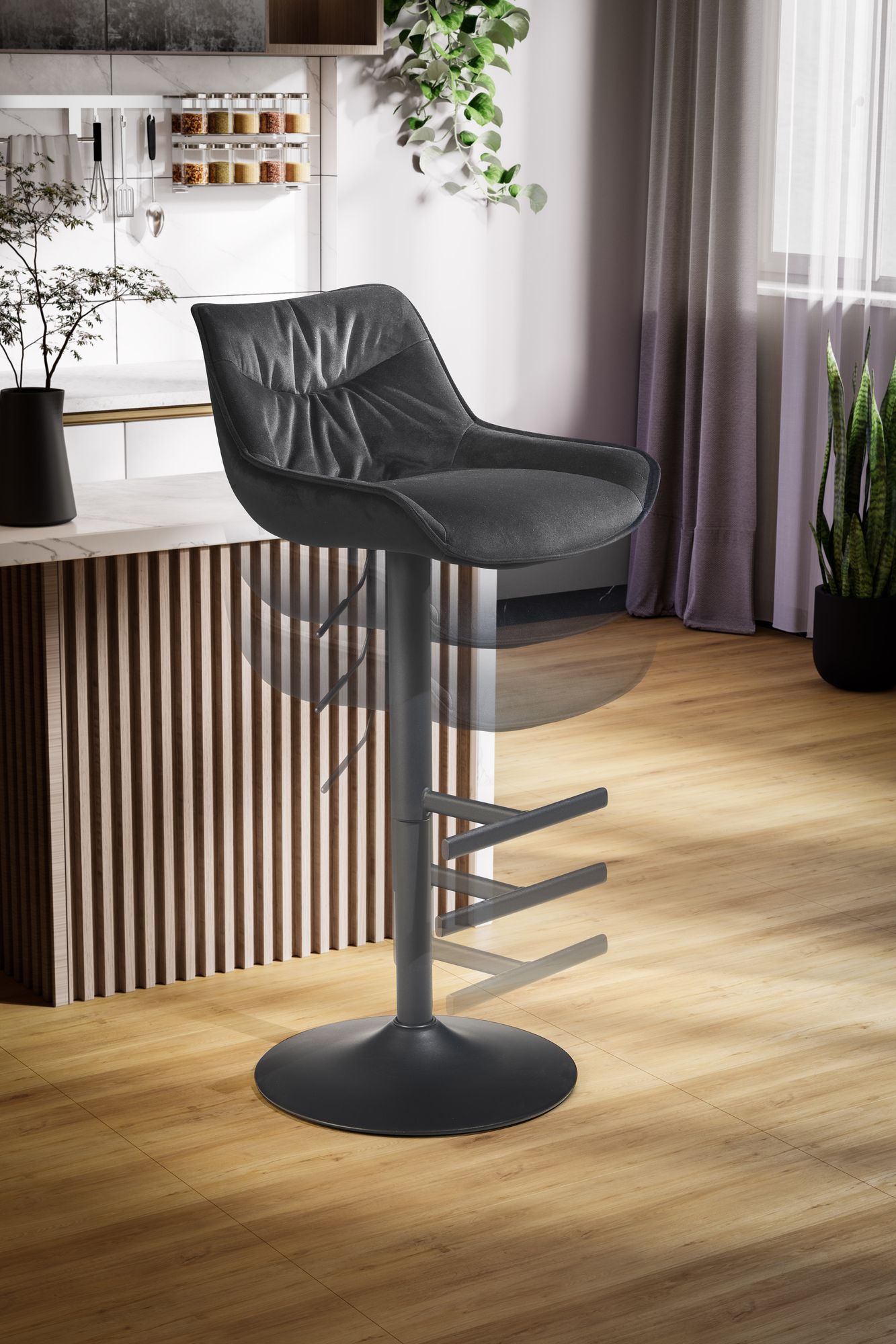 Barhocker Samt Schwarz Hocker mit Lehne 86   106 cm Kuechenhocker Hoehenverstellbar Modern 100 kg Design Barstuhl Tresenhocker mit Metall Trompetenfuss Bistrohocker Gepolstert