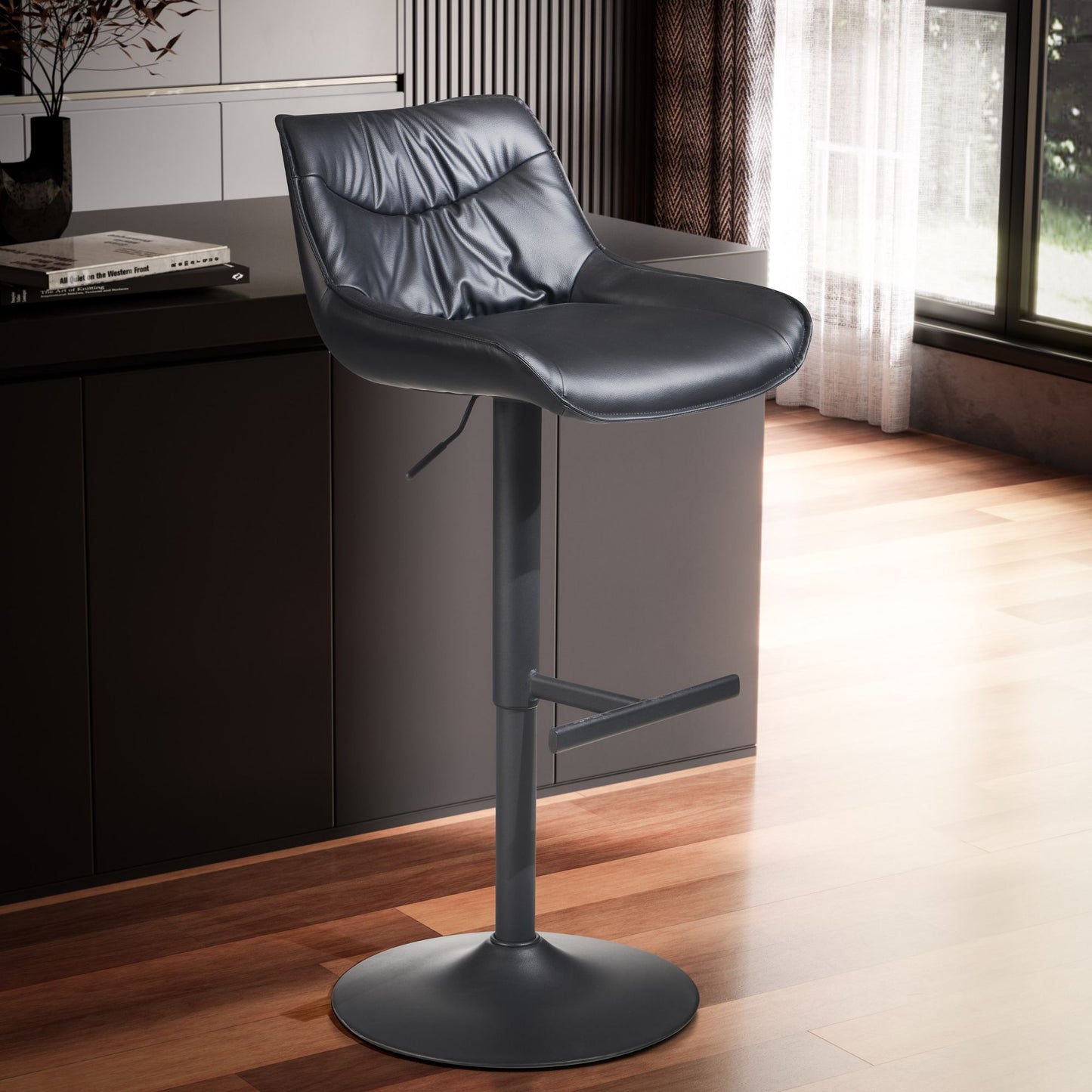 Barhocker Kunstleder Schwarz Hocker mit Lehne 86   106 cm Kuechenhocker Hoehenverstellbar Modern 100 kg Design Barstuhl Tresenhocker mit Metall Trompetenfuss Bistrohocker Gepolstert