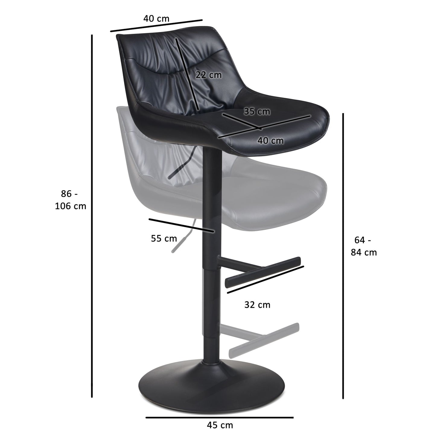 Barhocker Kunstleder Schwarz Hocker mit Lehne 86   106 cm Kuechenhocker Hoehenverstellbar Modern 100 kg Design Barstuhl Tresenhocker mit Metall Trompetenfuss Bistrohocker Gepolstert