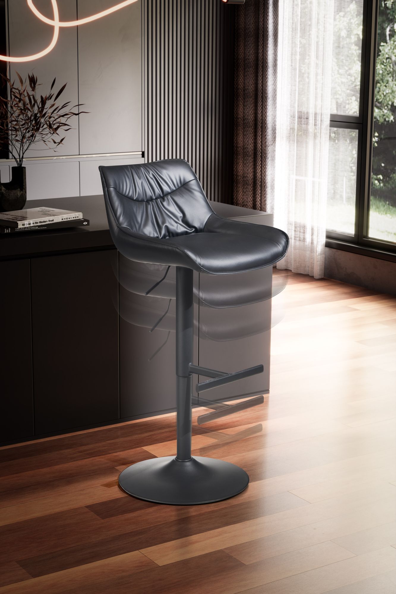 Barhocker Kunstleder Schwarz Hocker mit Lehne 86   106 cm Kuechenhocker Hoehenverstellbar Modern 100 kg Design Barstuhl Tresenhocker mit Metall Trompetenfuss Bistrohocker Gepolstert