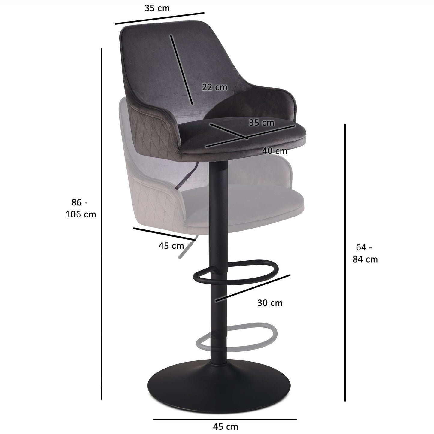 Barhocker Samt Grau Hocker mit Lehne 86   106 cm Kuechenhocker Hoehenverstellbar Modern 100 kg Barstuhl Tresenhocker mit Metall Trompetenfuss Bistrohocker Gepolstert mit Armlehne