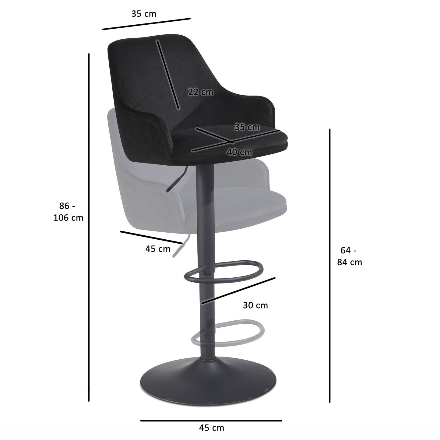 Barhocker Samt Schwarz Hocker mit Lehne 86   106 cm Kuechenhocker Hoehenverstellbar Modern 100 kg Barstuhl Tresenhocker mit Metall Trompetenfuss Bistrohocker Gepolstert mit Armlehne