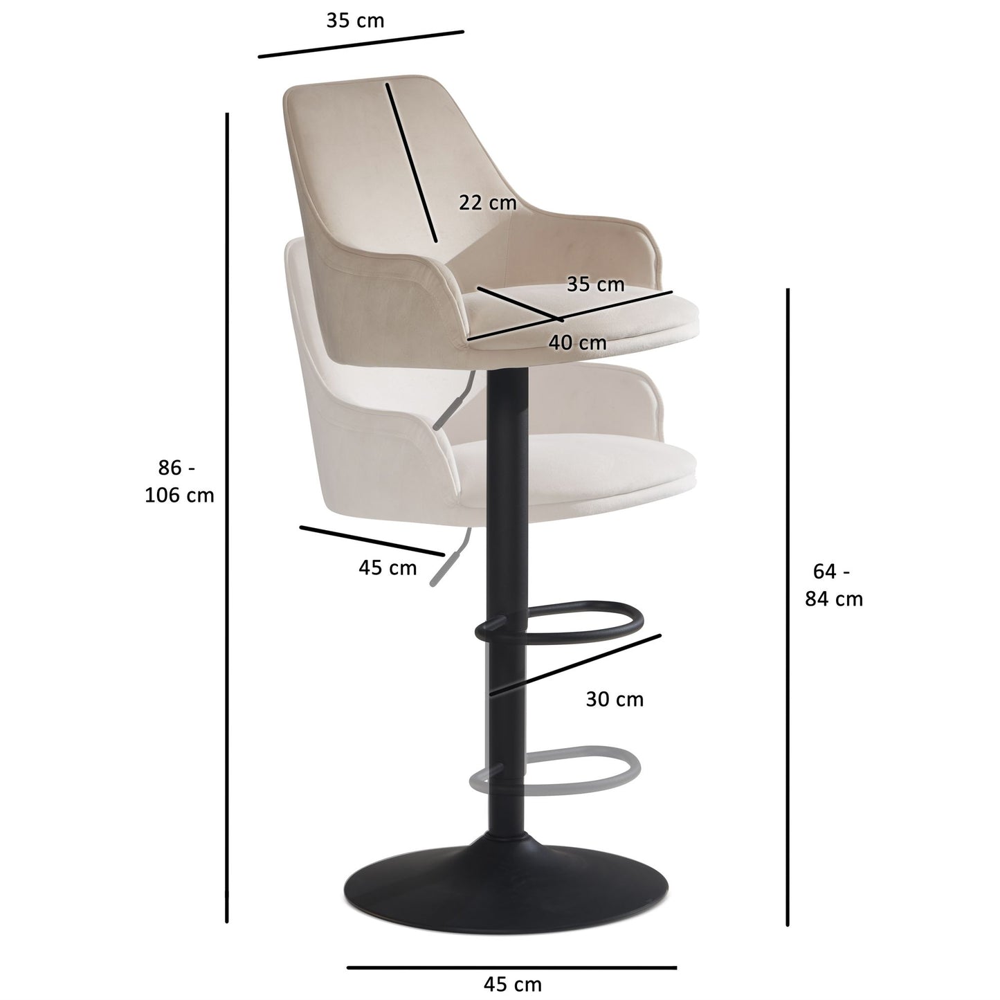 Barhocker Samt Beige Hocker mit Lehne 86   106 cm Kuechenhocker Hoehenverstellbar Modern 100 kg Barstuhl Tresenhocker mit Metall Trompetenfuss Bistrohocker Gepolstert mit Armlehne