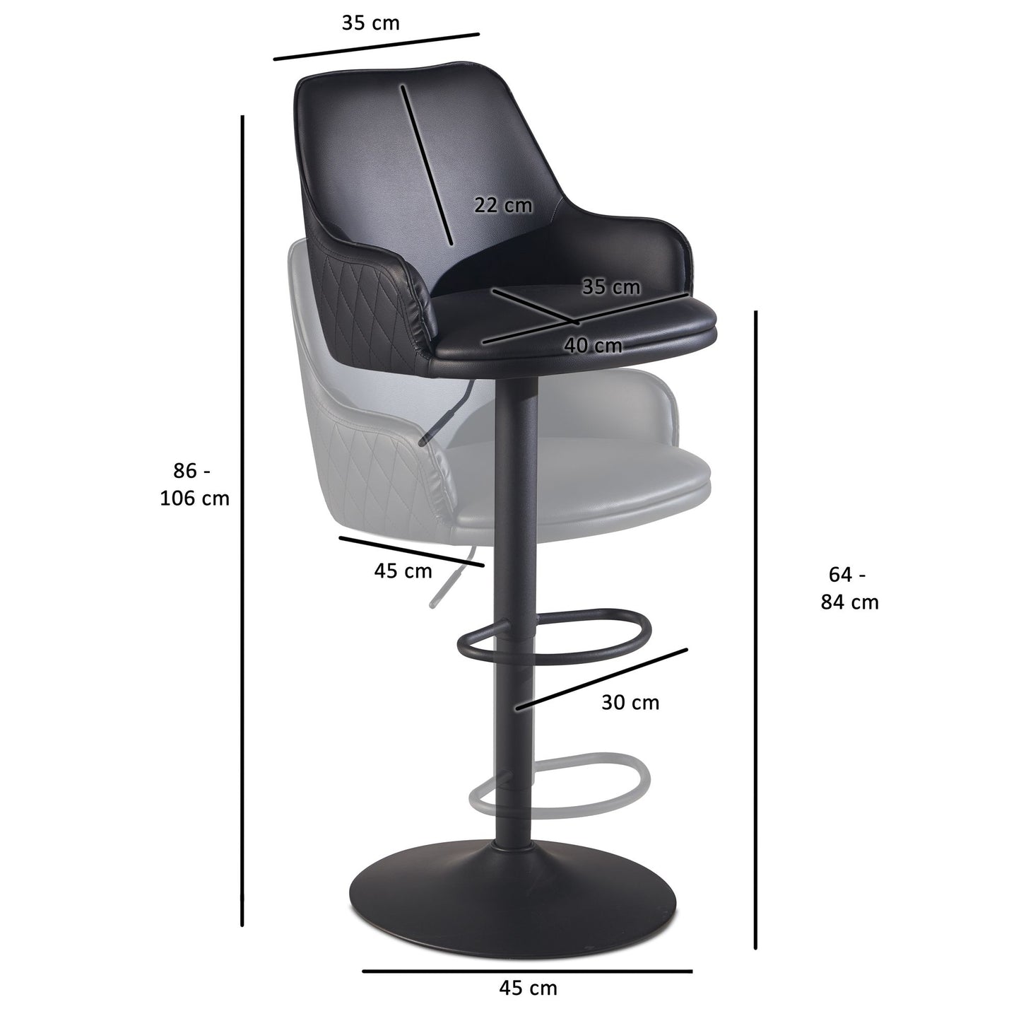 Barhocker Kunstleder Schwarz Hocker mit Lehne 86   106 cm Kuechenhocker Hoehenverstellbar Modern 100 kg Barstuhl Tresenhocker mit Metall Trompetenfuss Bistrohocker Gepolstert mit Armlehne