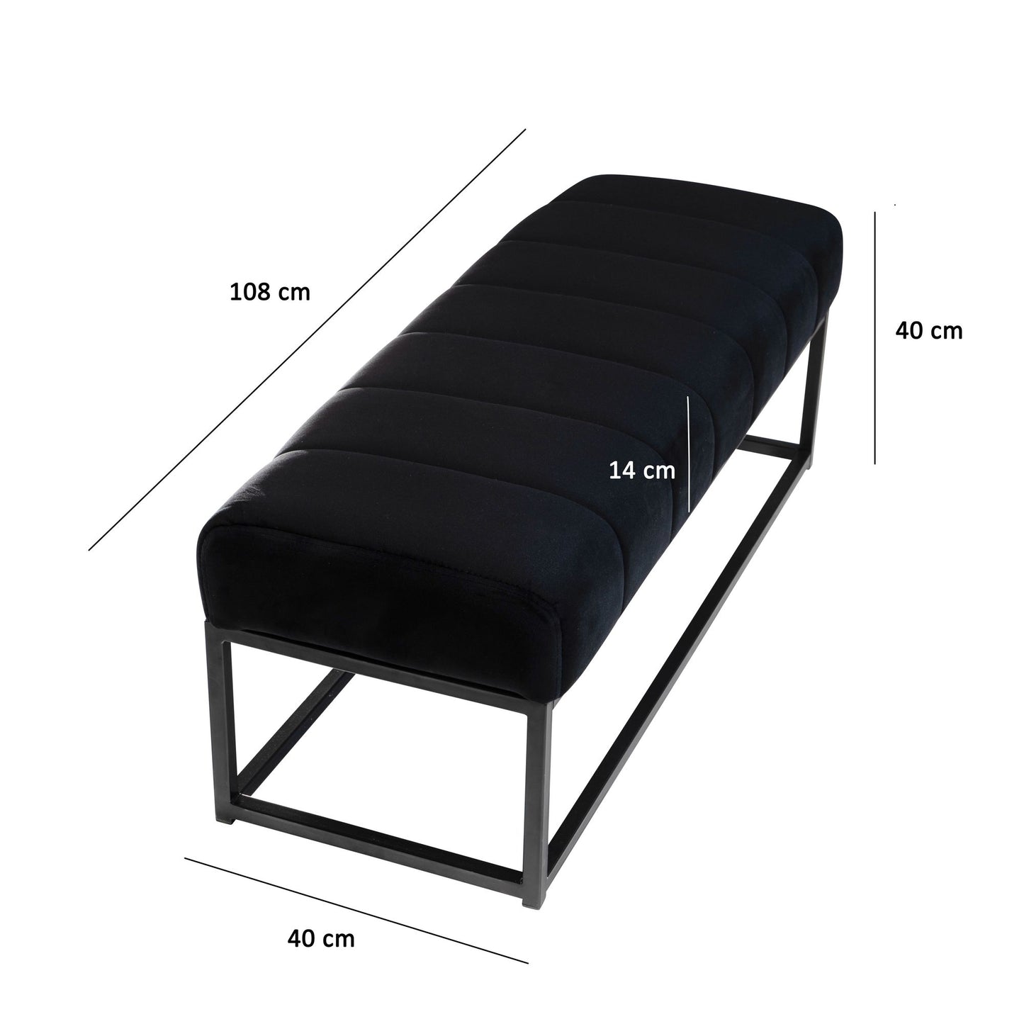 Sitzbank Samt Schwarz 108 mal 40 mal 40 cm Flur Polsterbank mit Metallgestell Design Bettbank Schlafzimmer Gesteppt Flurbank Garderobenbank Modern