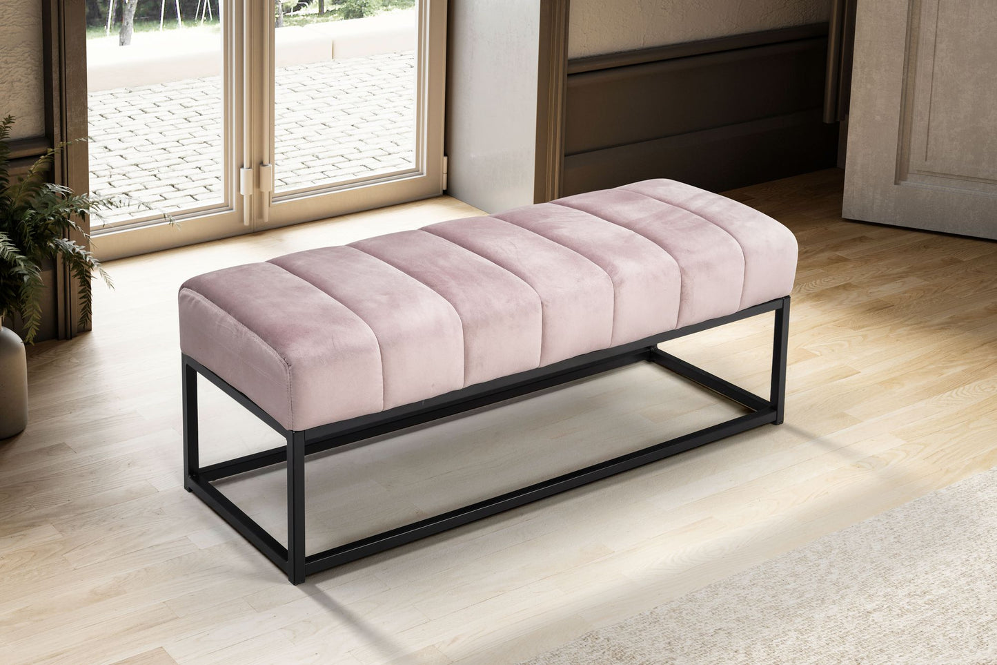 Sitzbank Samt Rosa 108 mal 40 mal 40 cm Flur Polsterbank mit Metallgestell Design Bettbank Schlafzimmer Gesteppt Flurbank Garderobenbank Modern