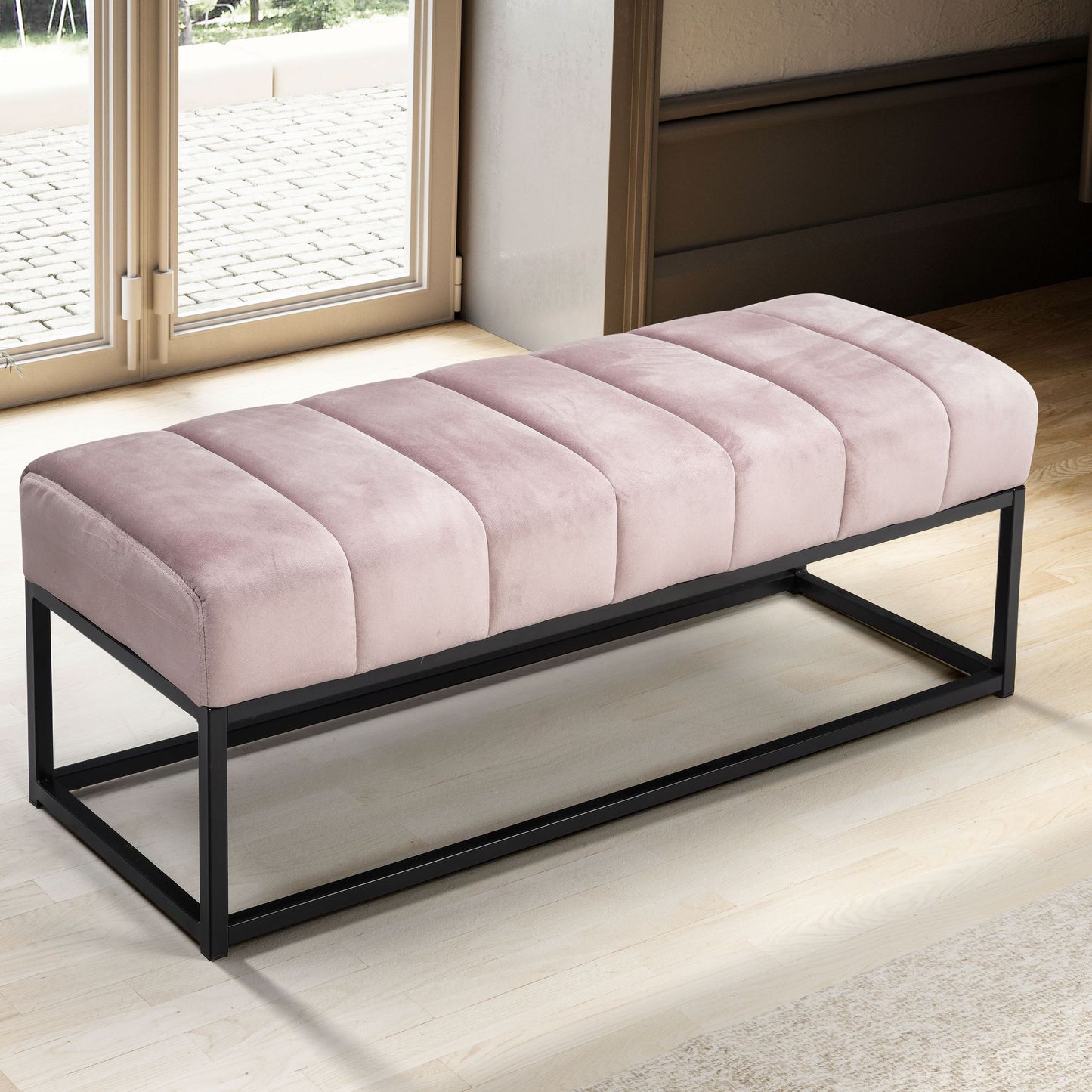 Sitzbank Samt Rosa 108 mal 40 mal 40 cm Flur Polsterbank mit Metallgestell Design Bettbank Schlafzimmer Gesteppt Flurbank Garderobenbank Modern