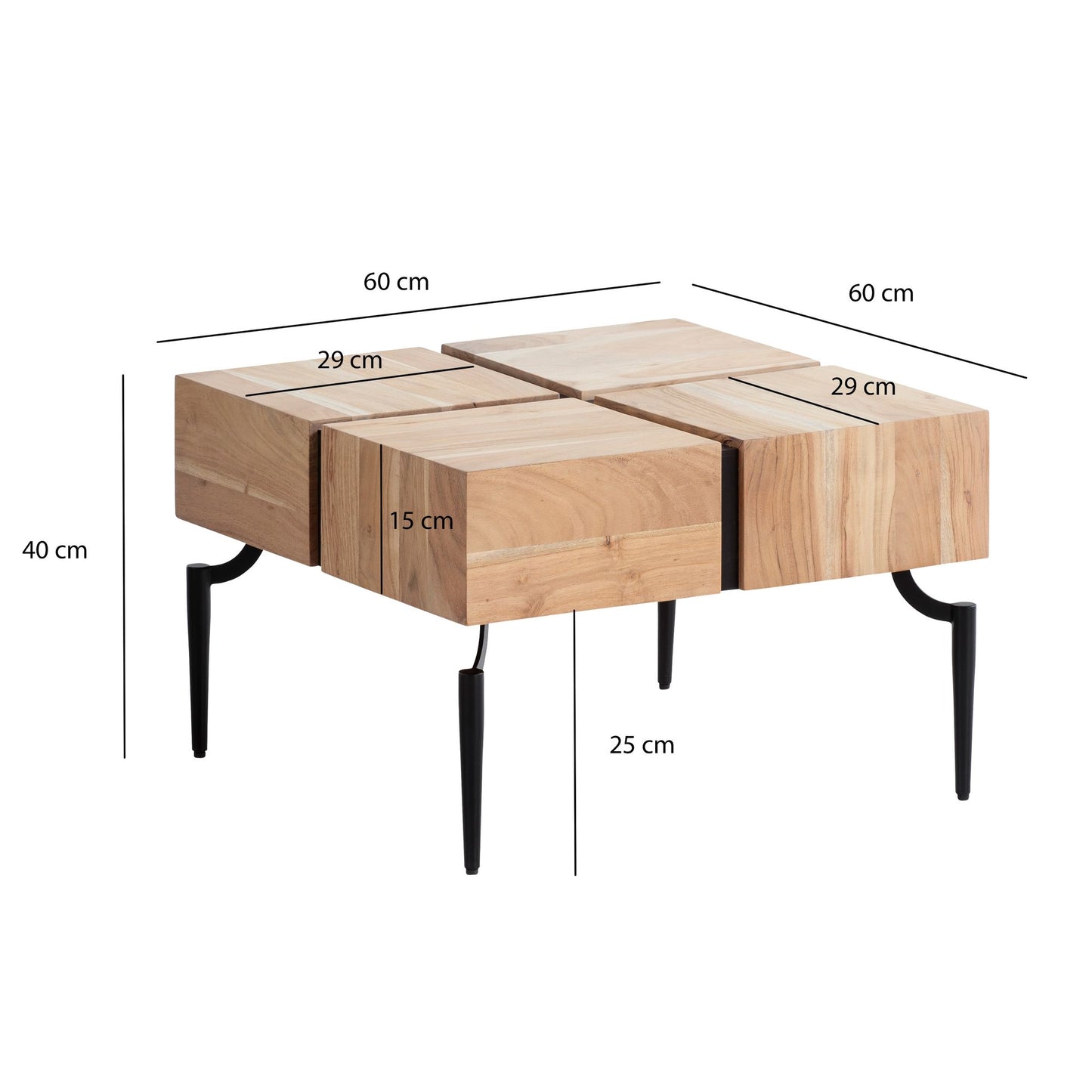 Couchtisch Akazie Massivholz 60 mal 60 mal 40 cm Quadratisch mit Metallgestell Kleiner Sofatisch Wuerfel Form Wohnzimmertisch Couch Modern Kaffeetisch Cube Braun Schwarz