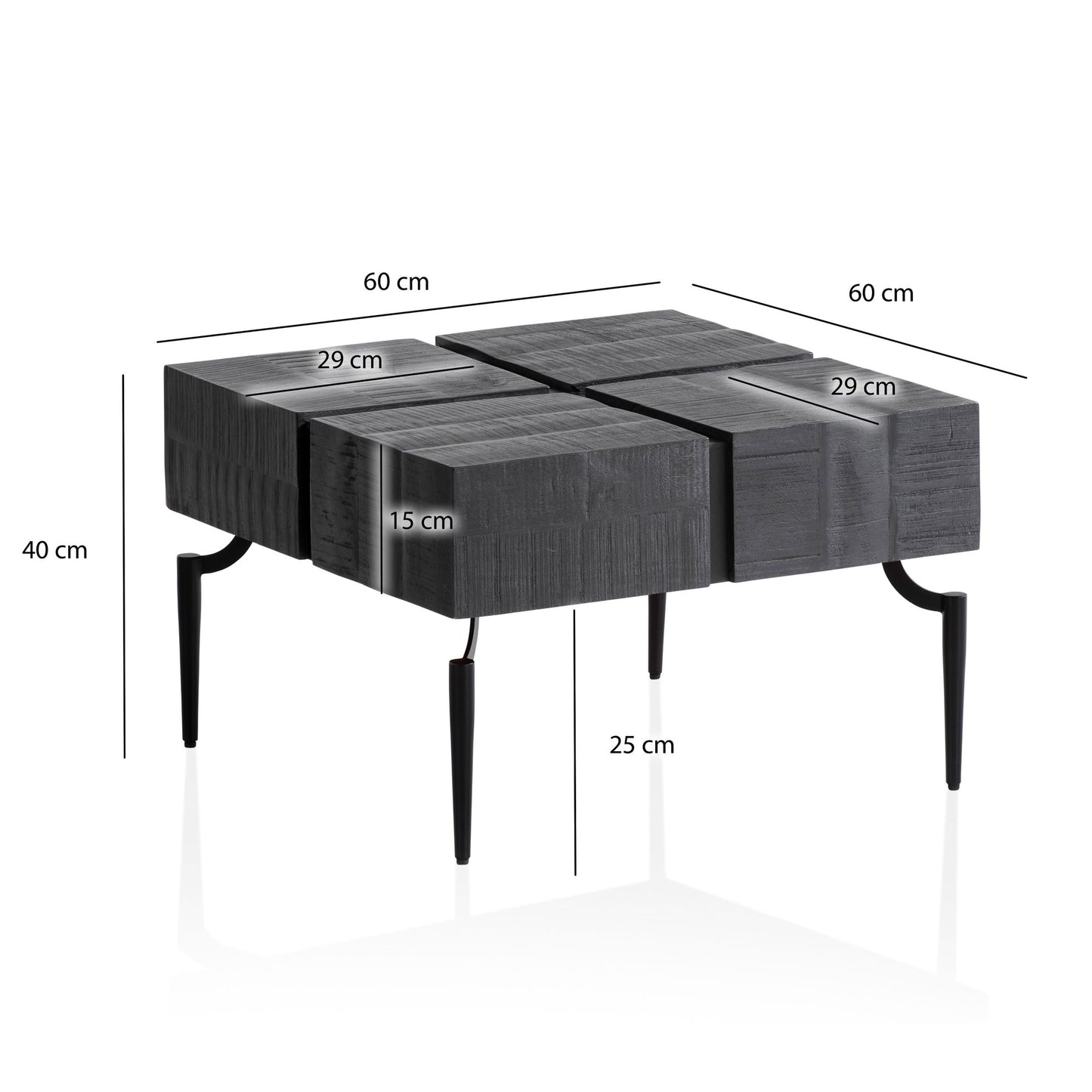 Couchtisch Mango Massivholz 60 mal 60 mal 40 cm Quadratisch mit Metallgestell Kleiner Sofatisch Wuerfel Form Wohnzimmertisch Couch Modern Kaffeetisch Cube Schwarz