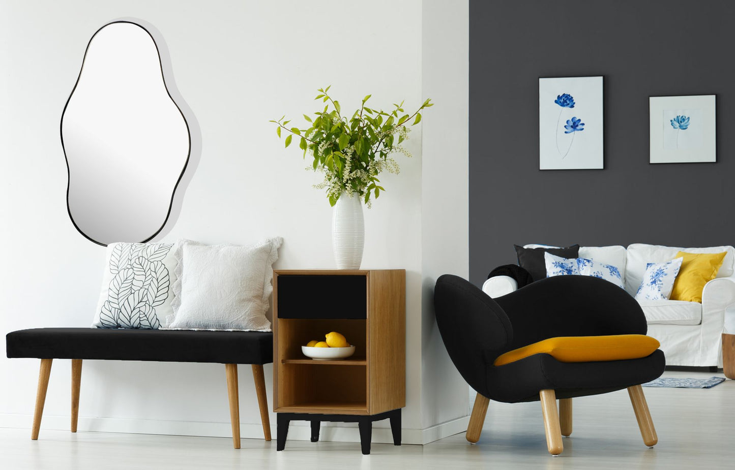 Wandspiegel Asymmetrisch 40 mal 80 cm Metall Design Haengespiegel Schwarz Eisen Dekospiegel Unfoermig mit Rahmen Spiegel Wand Gross Flurspiegel Garderobenspiegel Modern